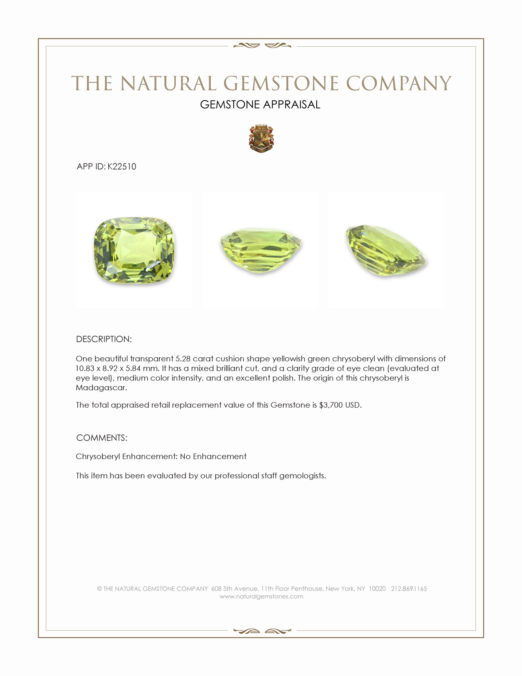 5.28 Ct. Yellowish Green Chrysoberyl from Madagascar