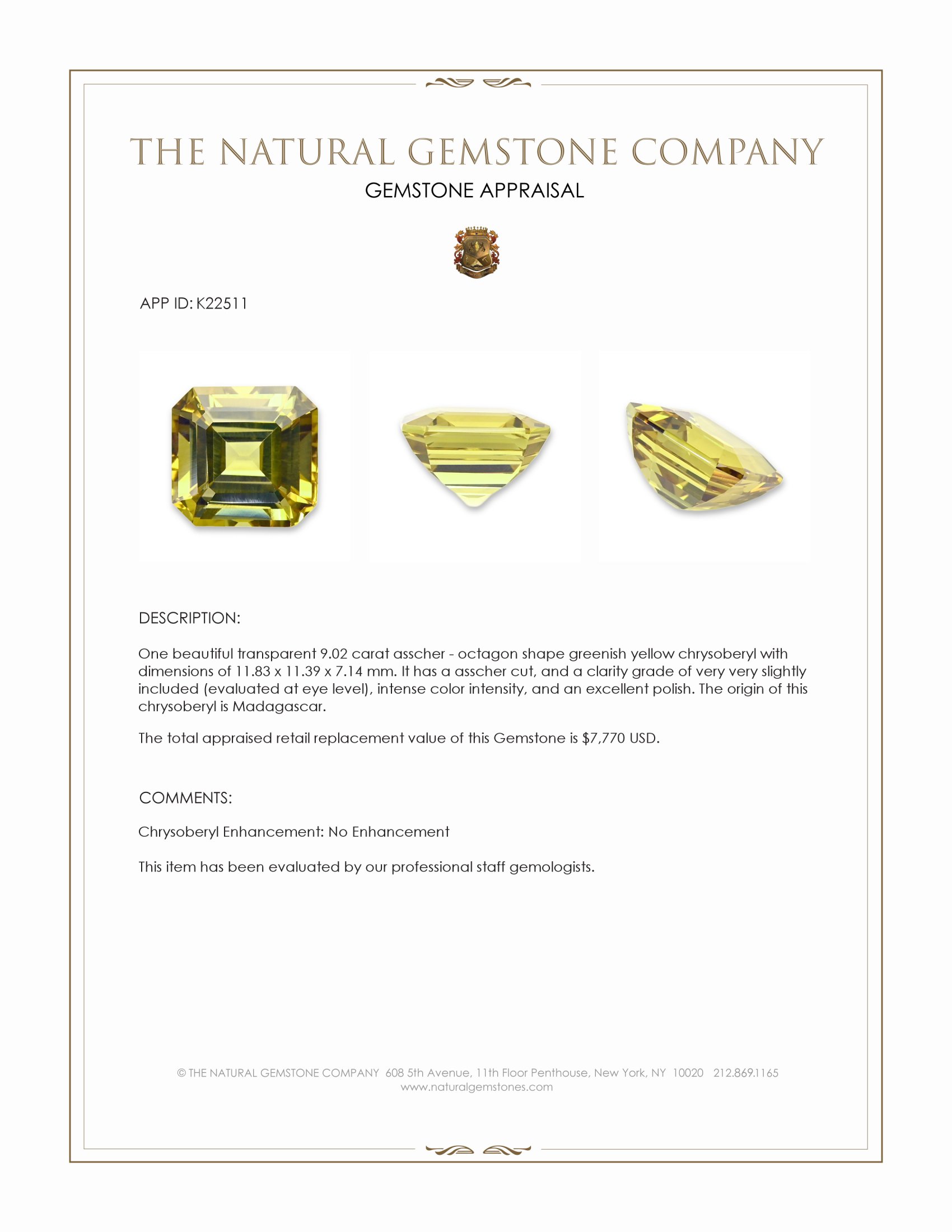 9.02 Ct. Chrysoberyl from Madagascar