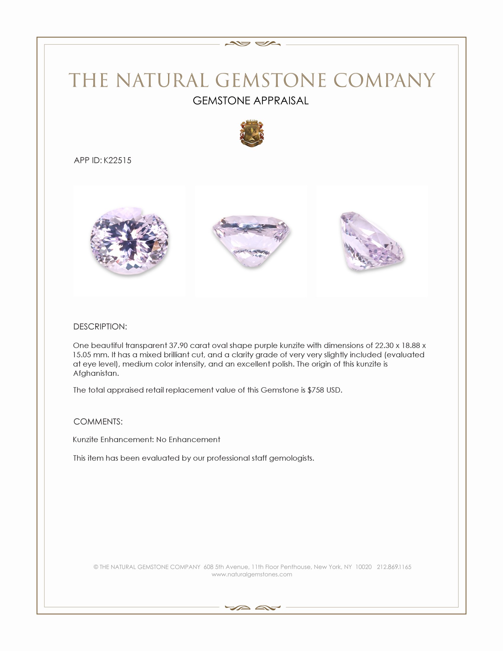 37.90 Ct. Purple Kunzite from Afghanistan