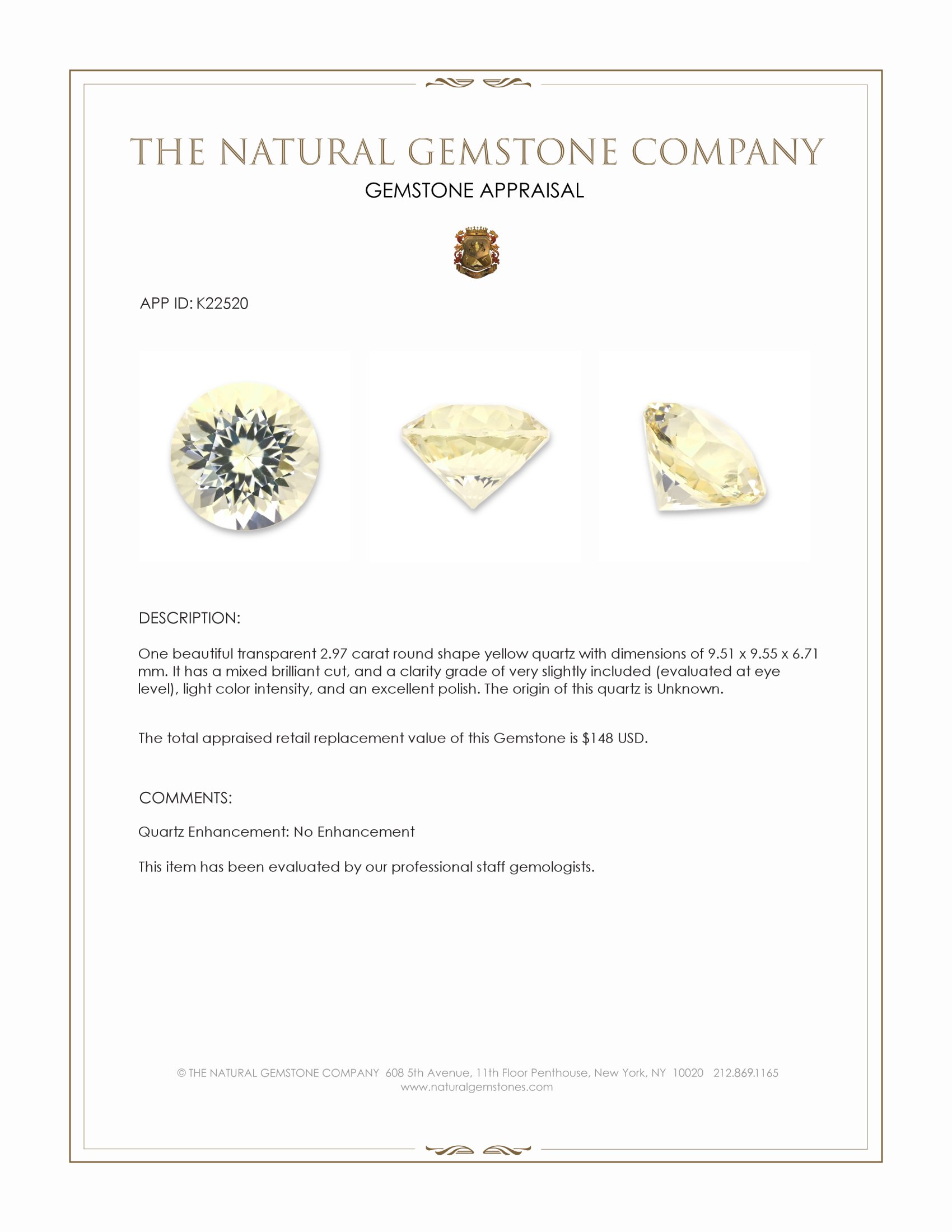 2.97 Ct. Yellow Quartz