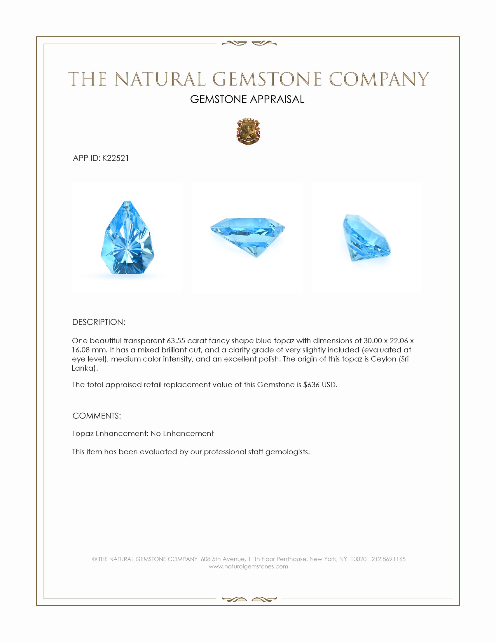 63.55 Ct. Blue Topaz from Ceylon (Sri Lanka)