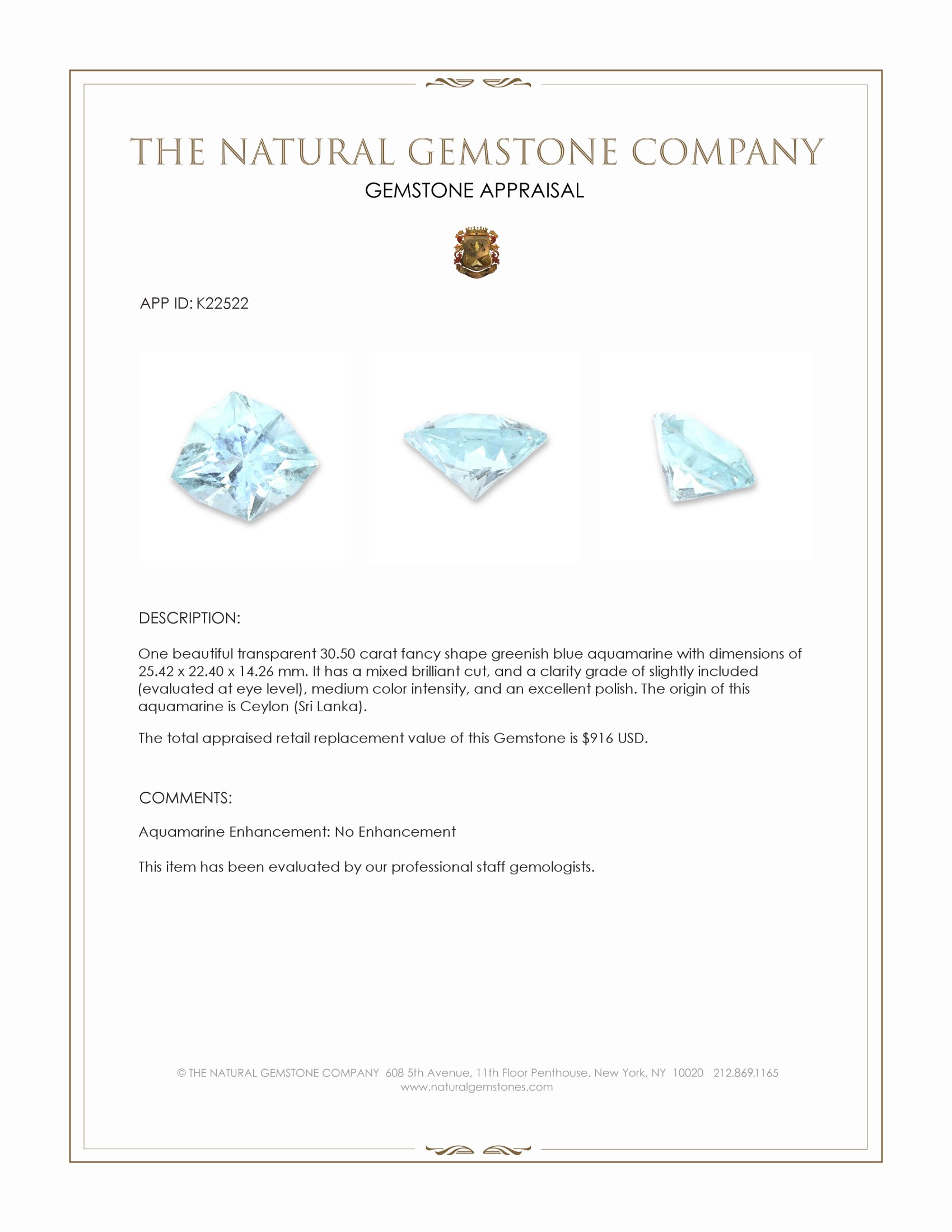30.50 Ct. Greenish Blue Aquamarine from Ceylon (Sri Lanka)