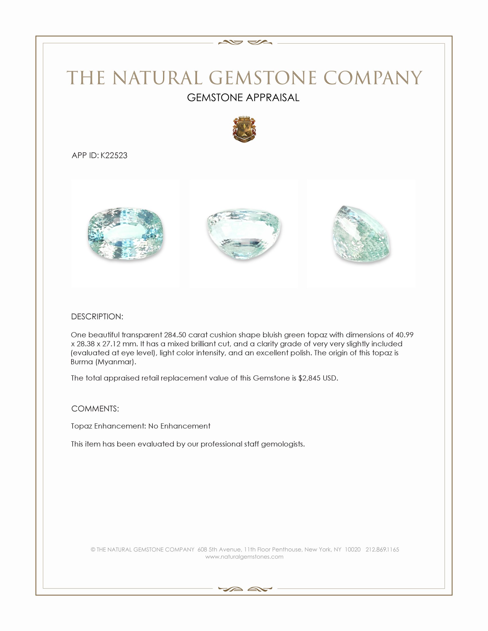 284.50 Ct. Bluish Green Topaz from Burma (Myanmar)