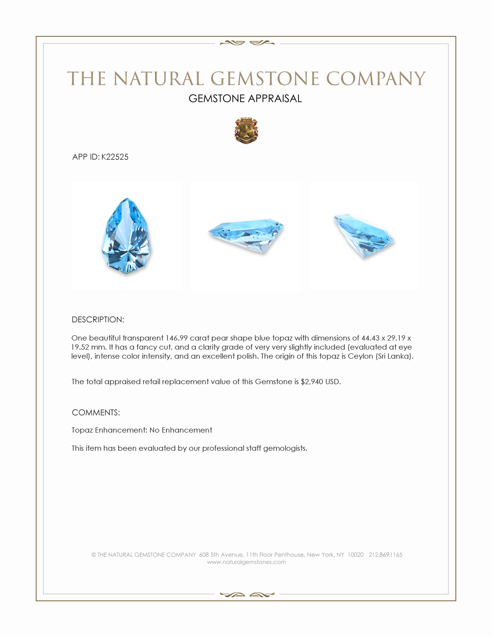 146.99 Ct. Blue Topaz from Ceylon (Sri Lanka)