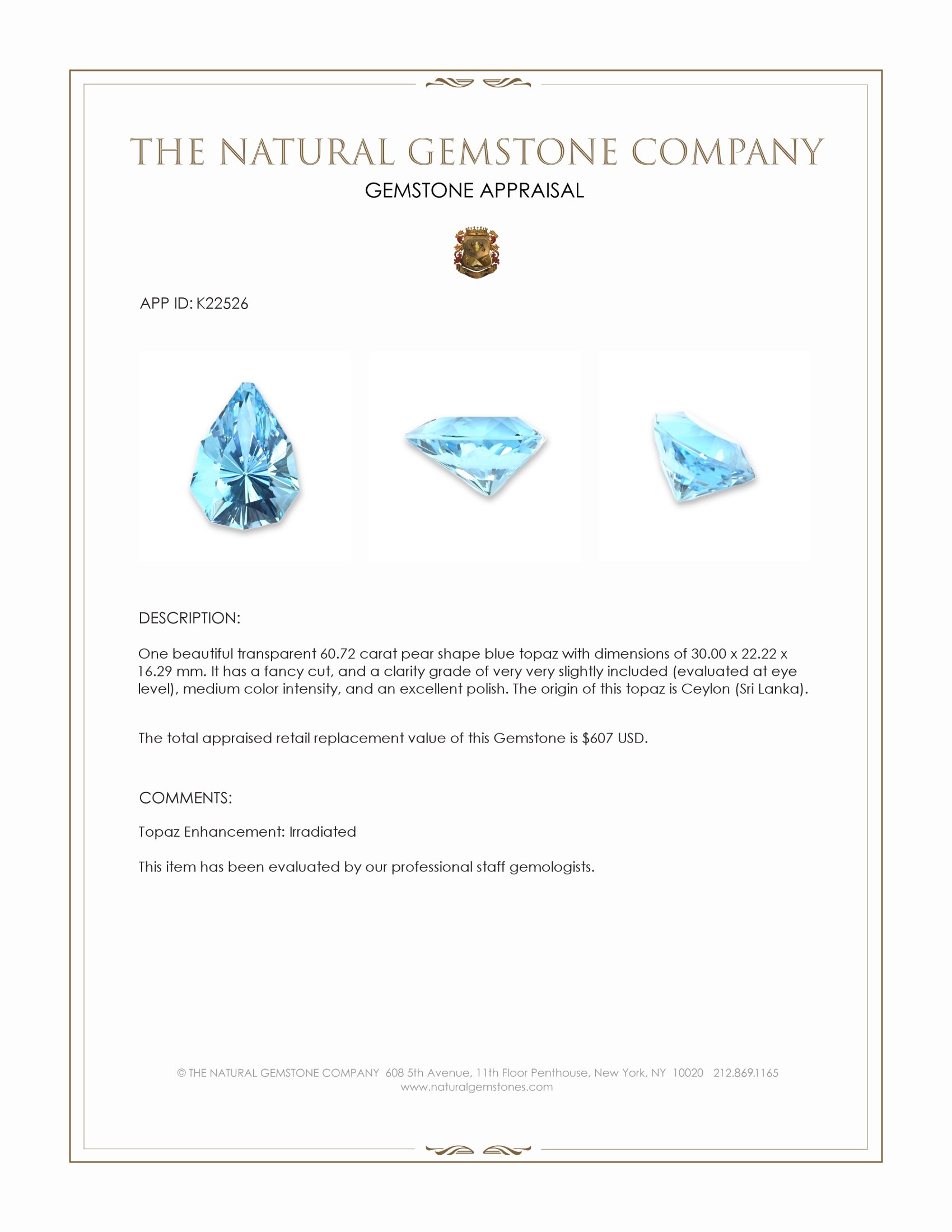 60.72 Ct. Blue Topaz from Ceylon (Sri Lanka)