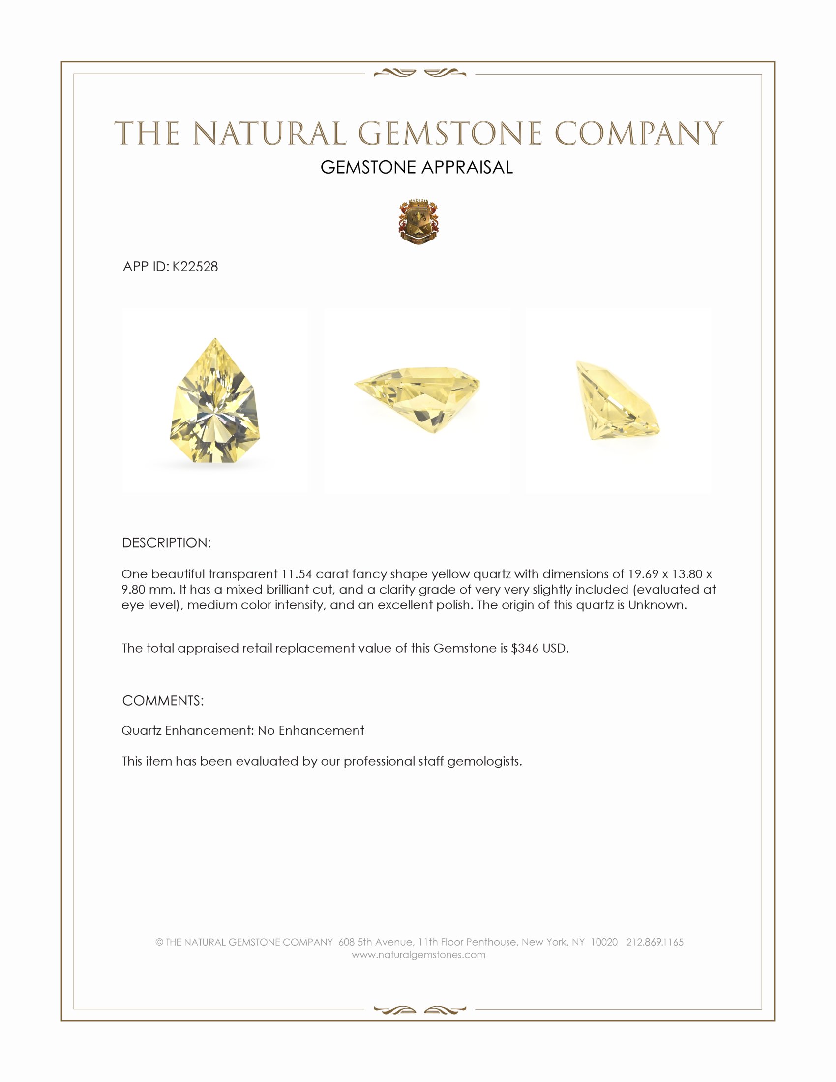11.54 Ct. Yellow Quartz