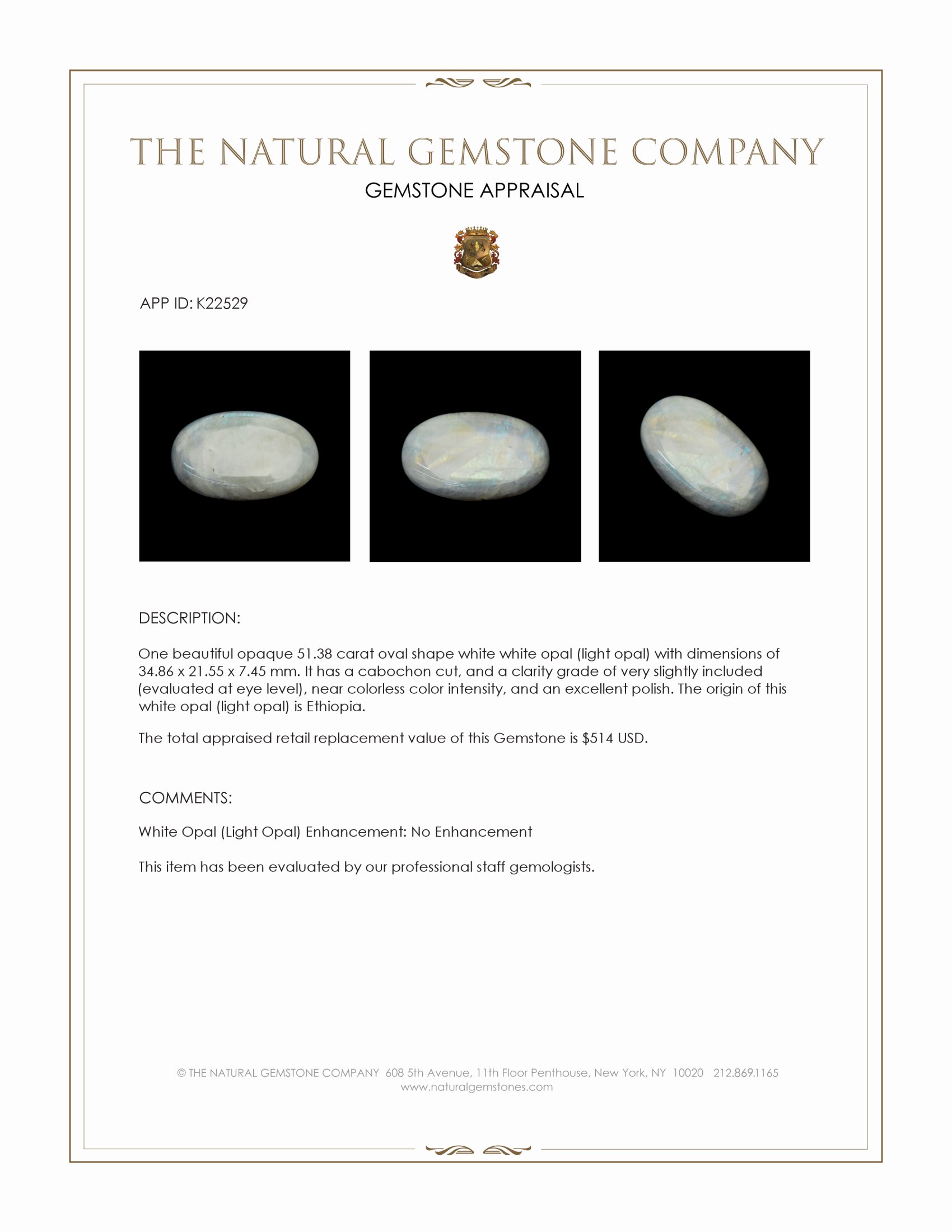 51.38 Ct. White Cabochon White Opal (Light Opal) from Ethiopia