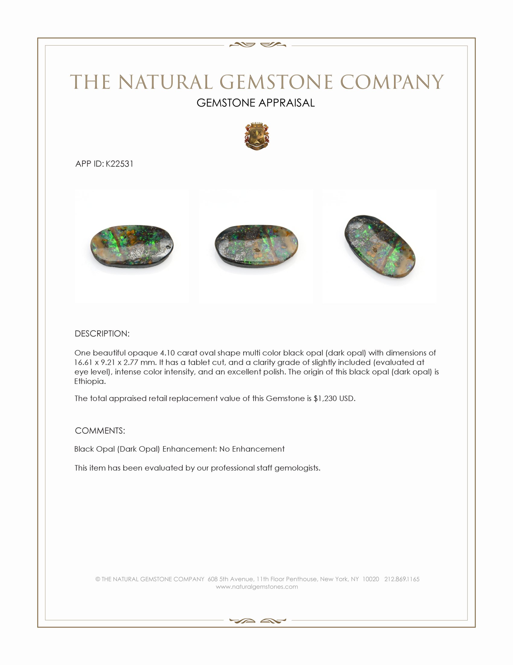 4.10 Ct. Multi Color Black Opal (Dark Opal) from Ethiopia