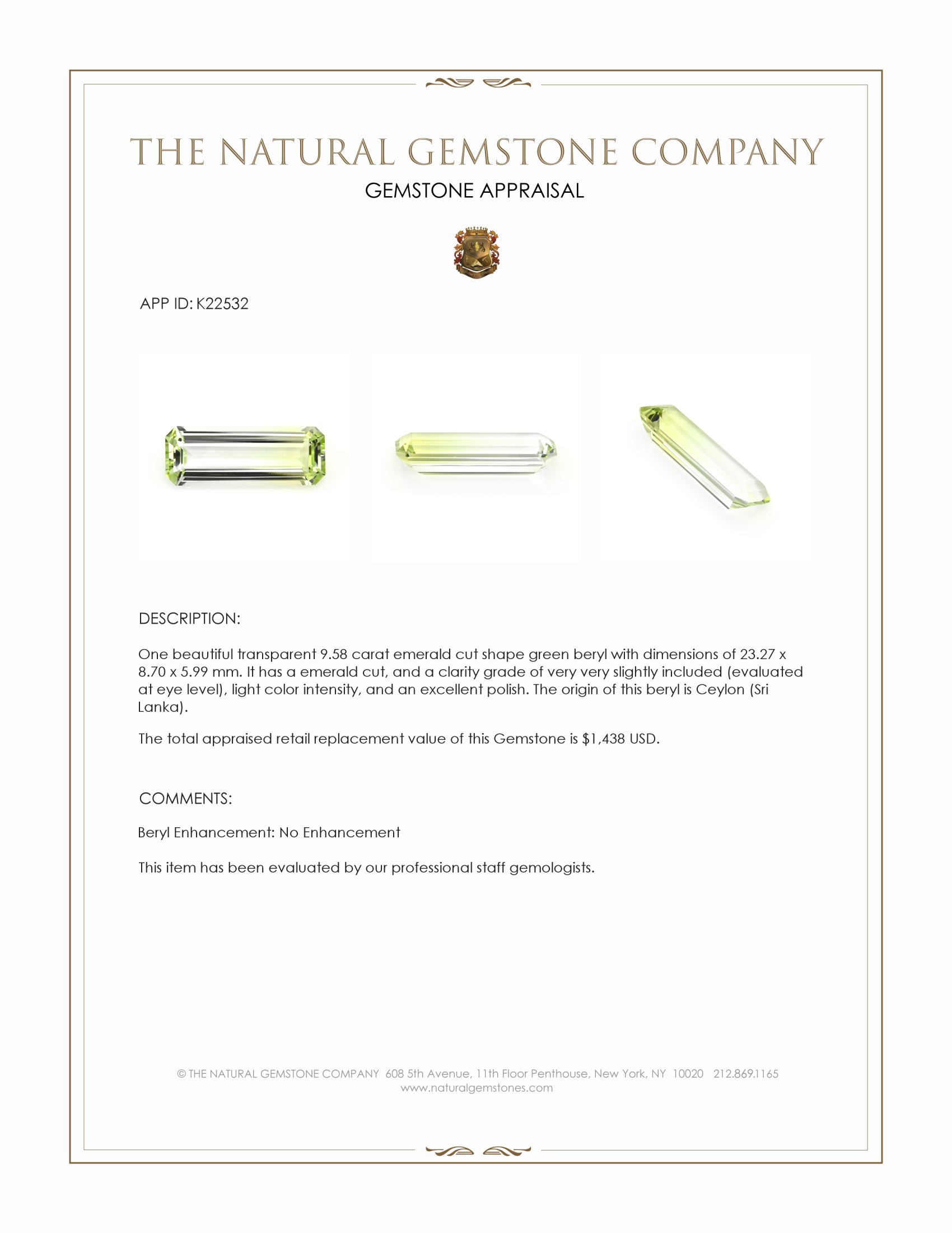 9.58 Ct. Green Beryl from Ceylon (Sri Lanka)