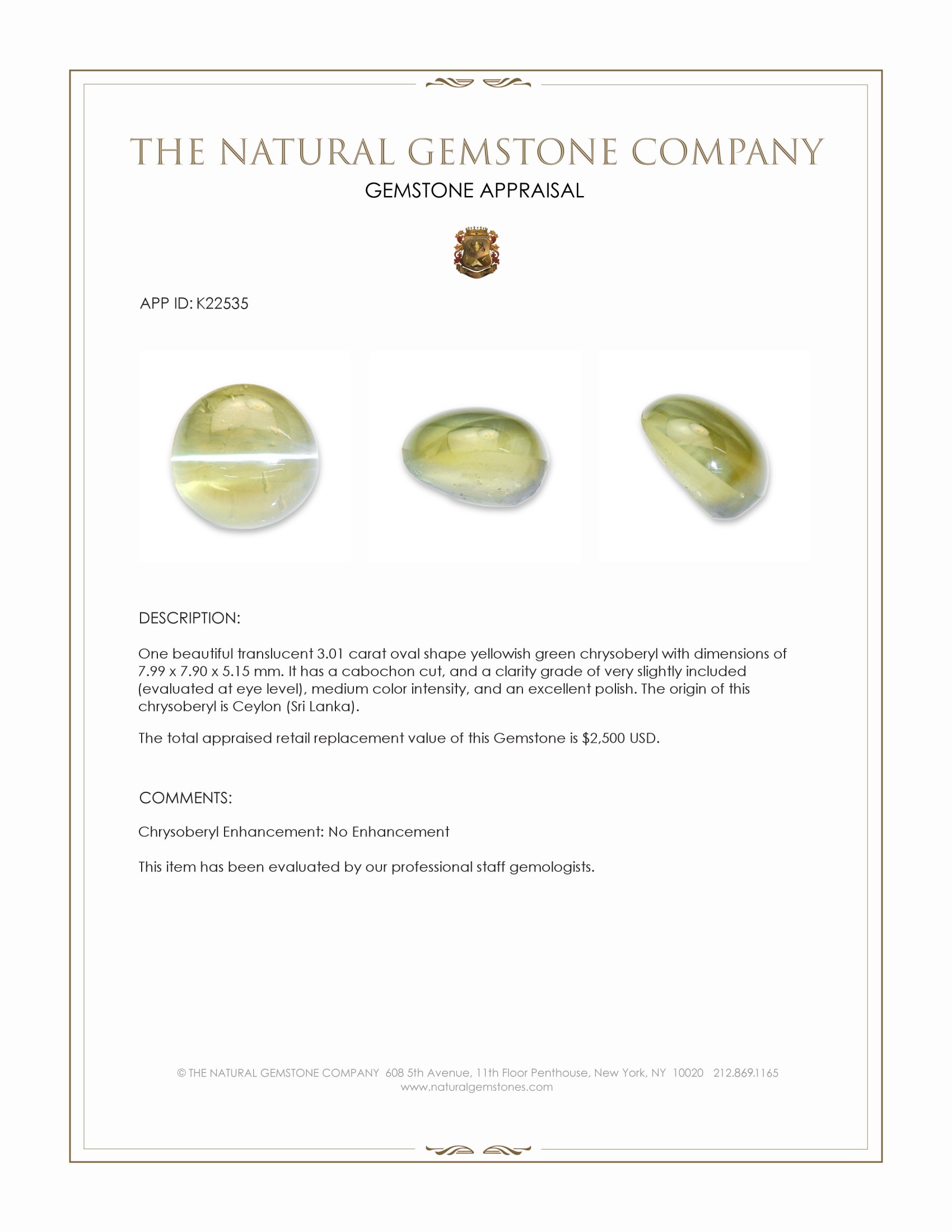 3.01 Ct. Yellowish Green Cabochon Chrysoberyl from Ceylon (Sri Lanka)
