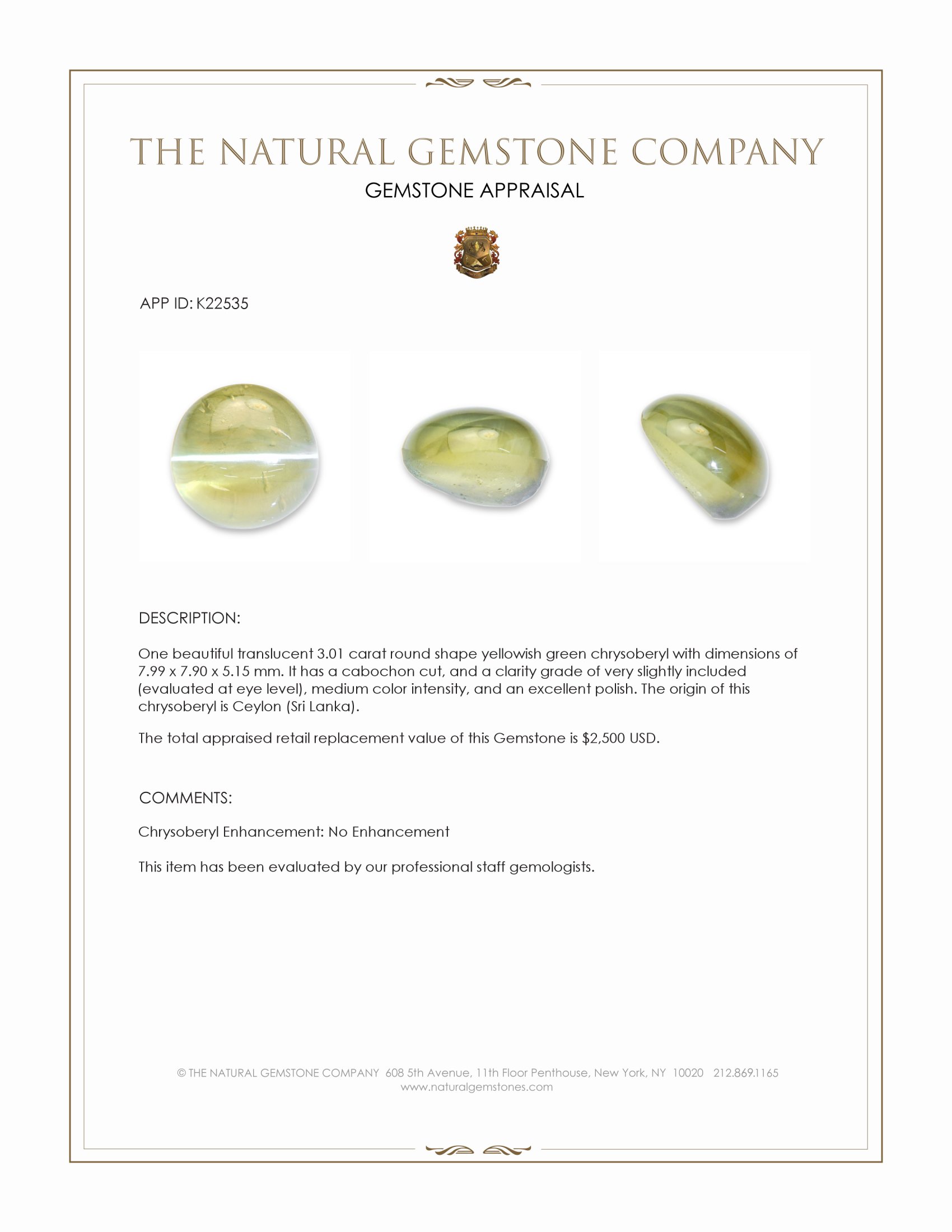 3.01 Ct. Yellowish Green Cabochon Chrysoberyl from Ceylon (Sri Lanka)