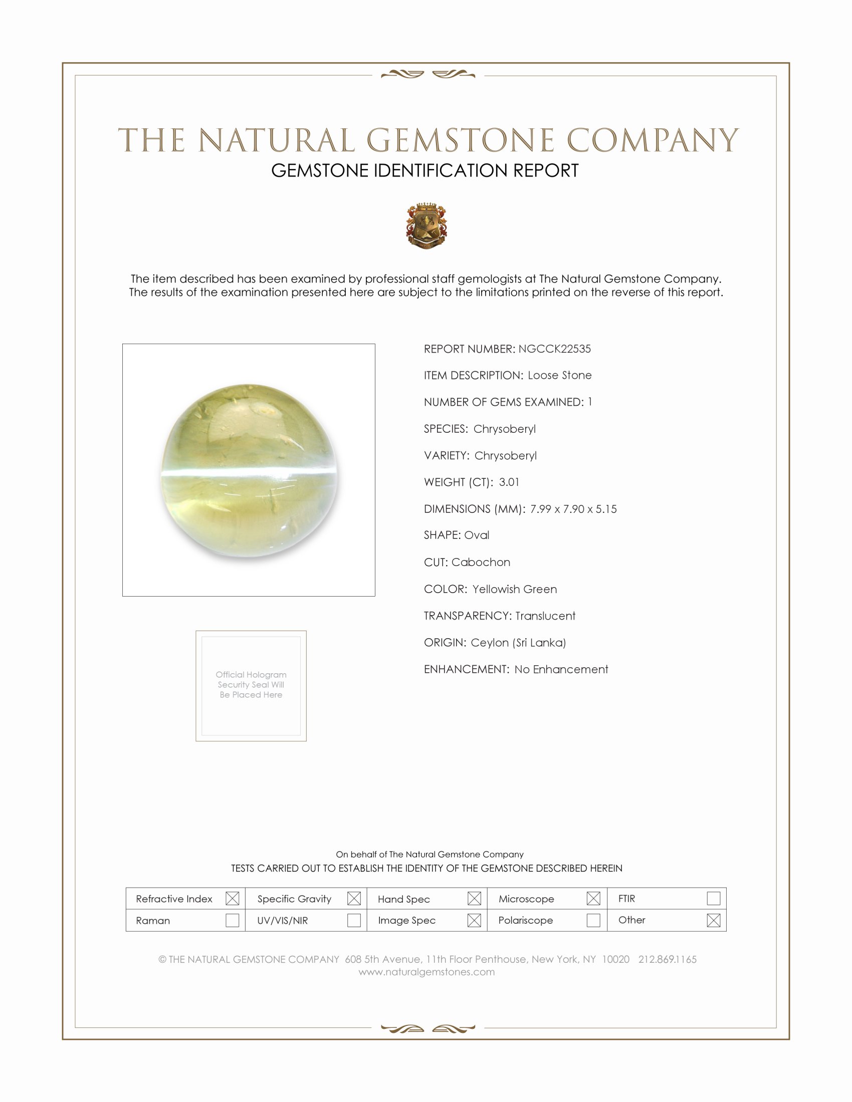 3.01 Ct. Yellowish Green Cabochon Chrysoberyl from Ceylon (Sri Lanka)