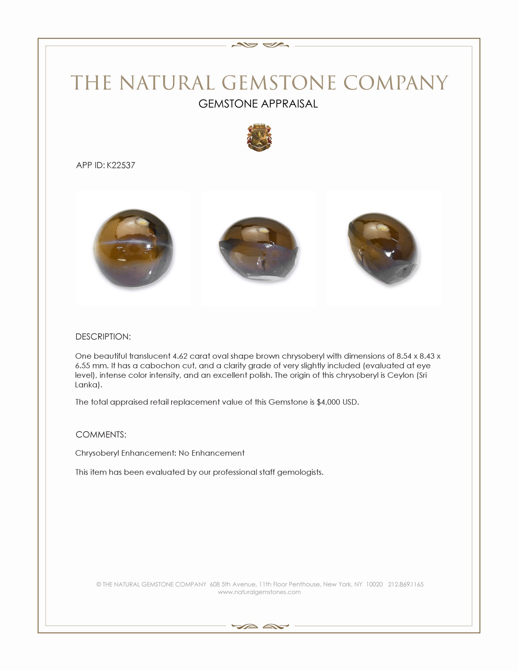 4.62 Ct. Brown Cabochon Chrysoberyl from Ceylon (Sri Lanka)