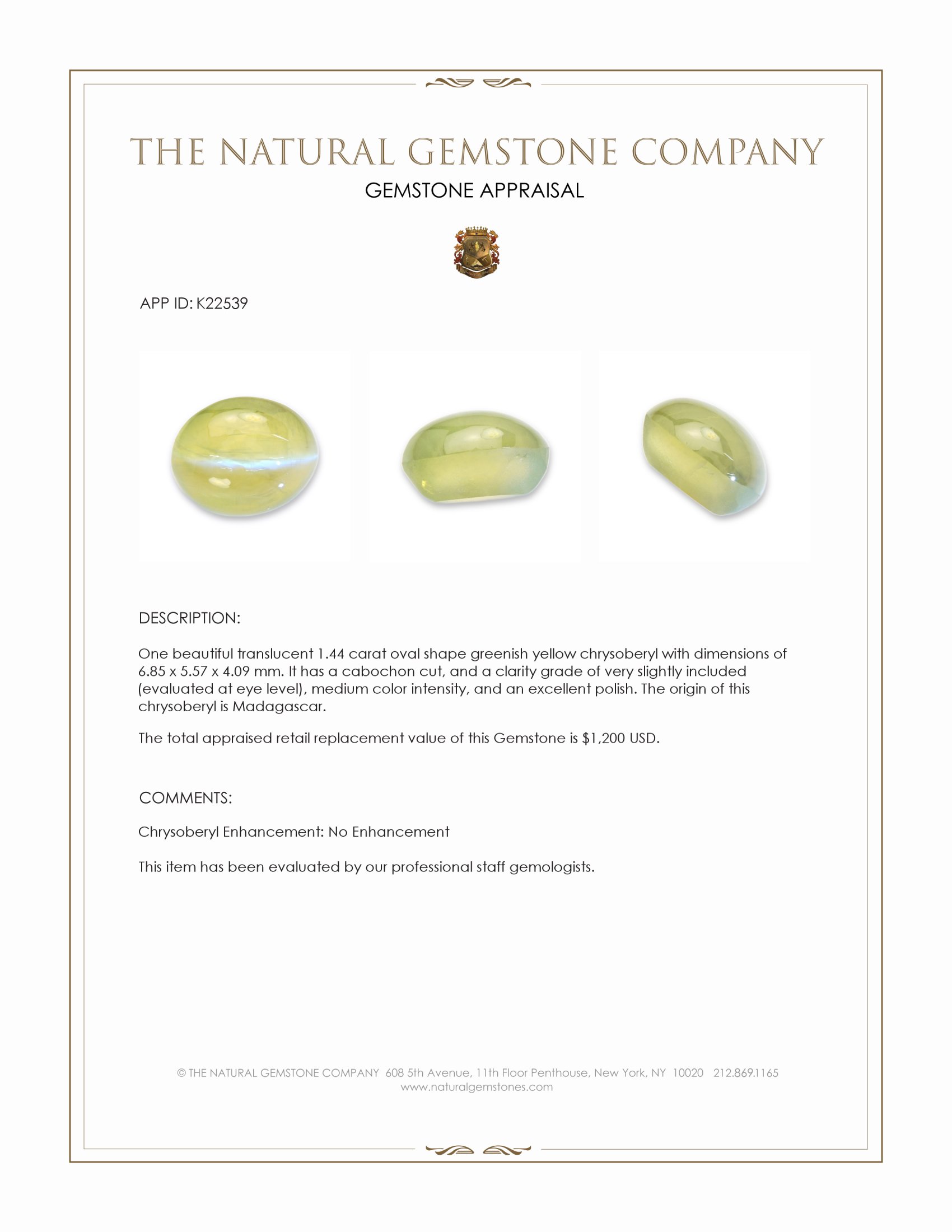 1.44 Ct. Greenish Yellow Cabochon Chrysoberyl from Madagascar