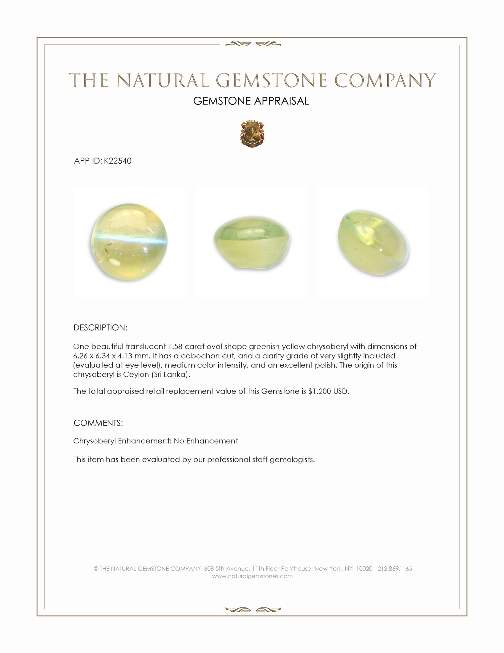 1.58 Ct. Greenish Yellow Cabochon Chrysoberyl from Ceylon (Sri Lanka)