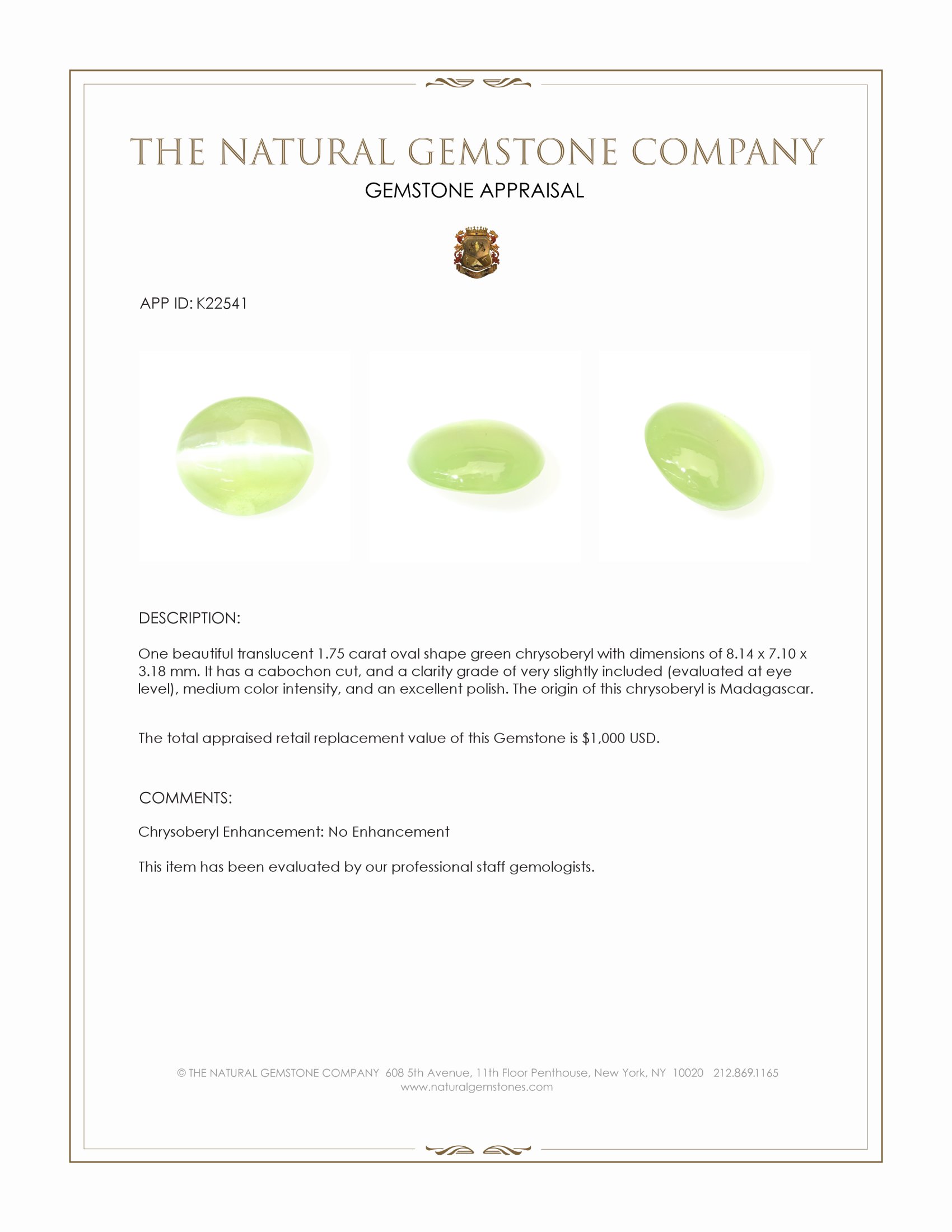 1.75 Ct. Green Cabochon Chrysoberyl from Madagascar