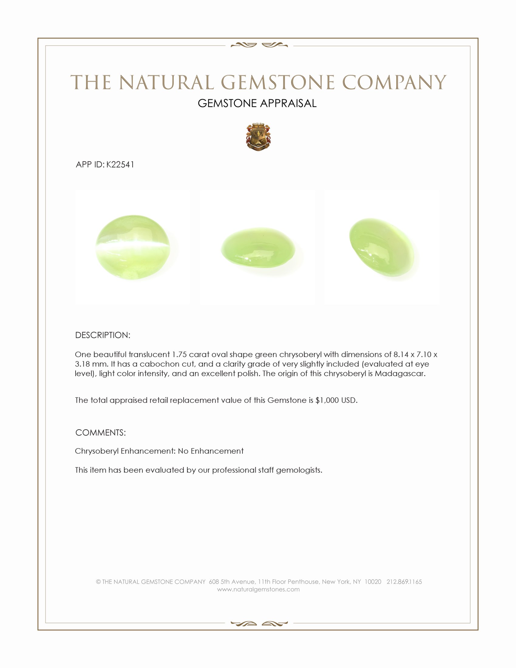 1.75 Ct. Green Cabochon Chrysoberyl from Madagascar