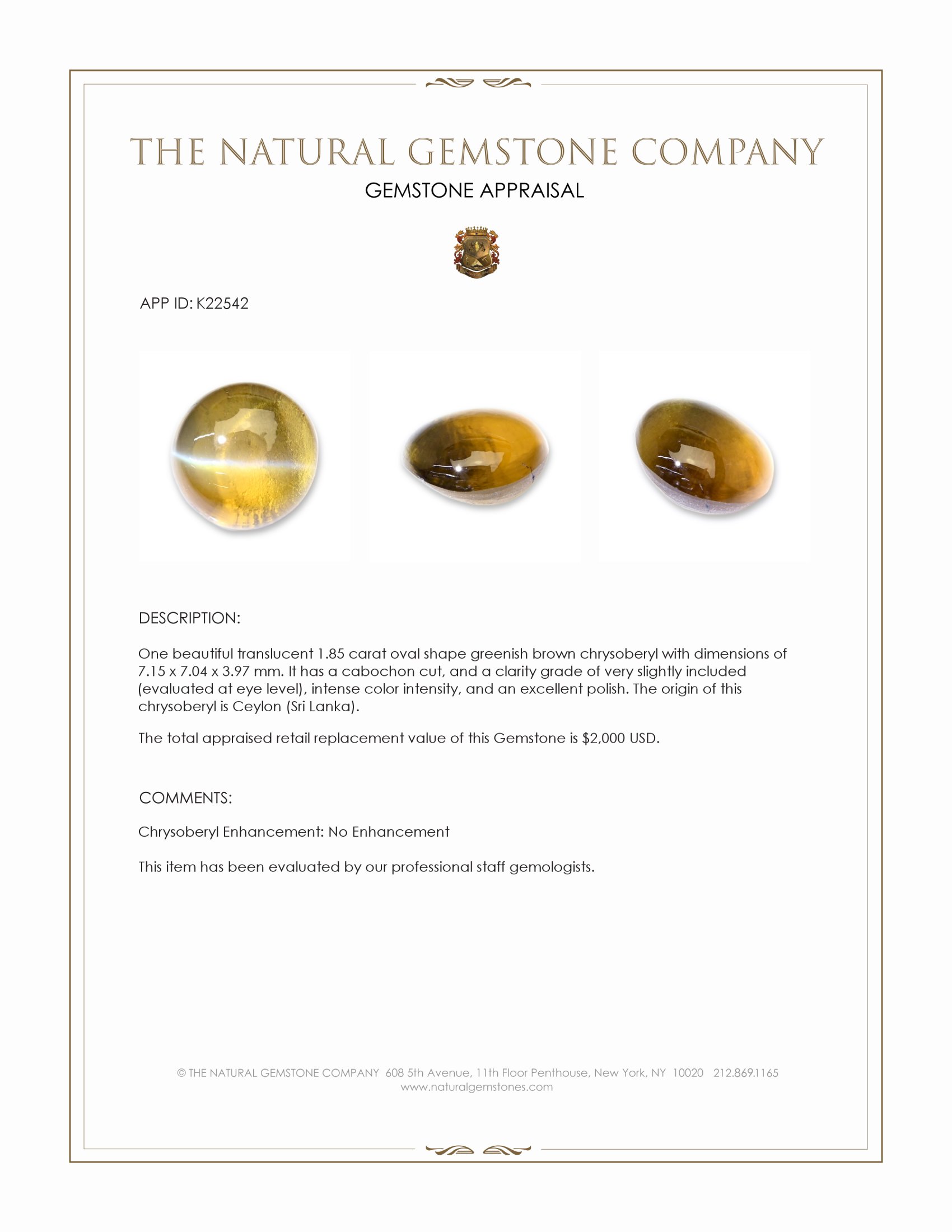 1.85 Ct. Greenish Brown Cabochon Chrysoberyl from Ceylon (Sri Lanka)