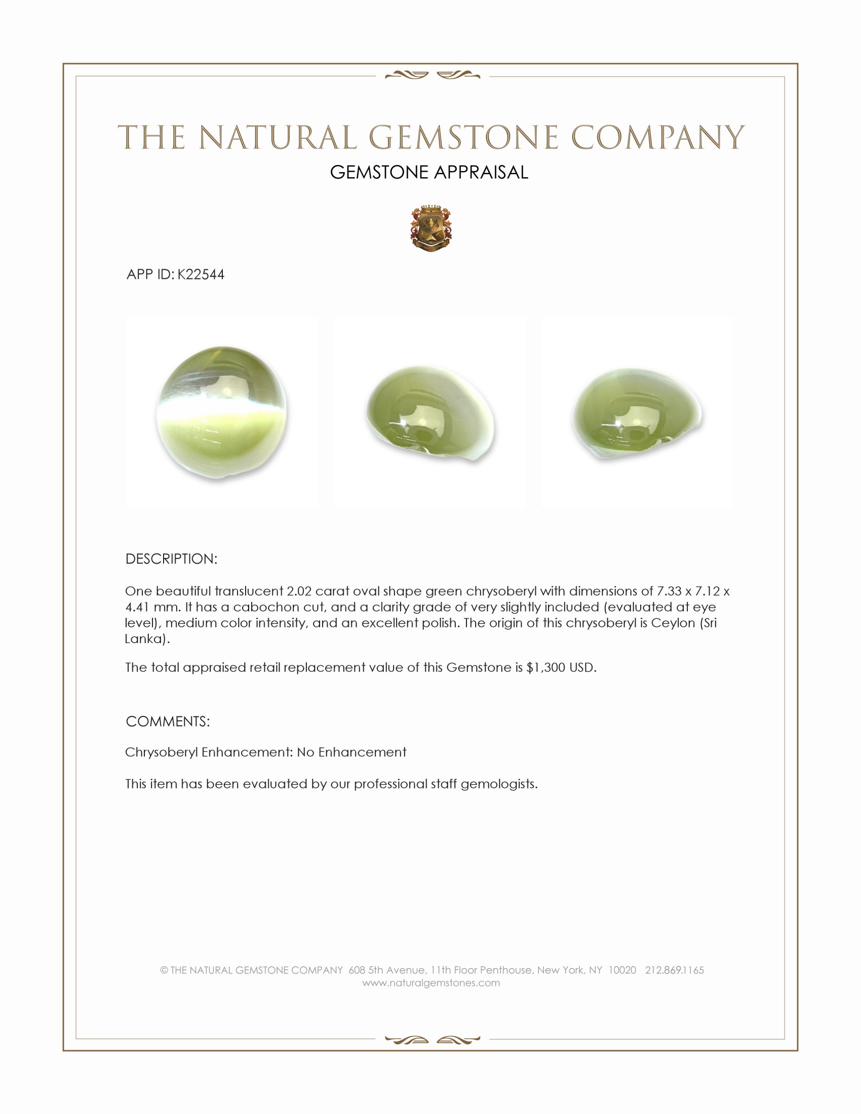 2.02 Ct. Green Cabochon Chrysoberyl from Ceylon (Sri Lanka)