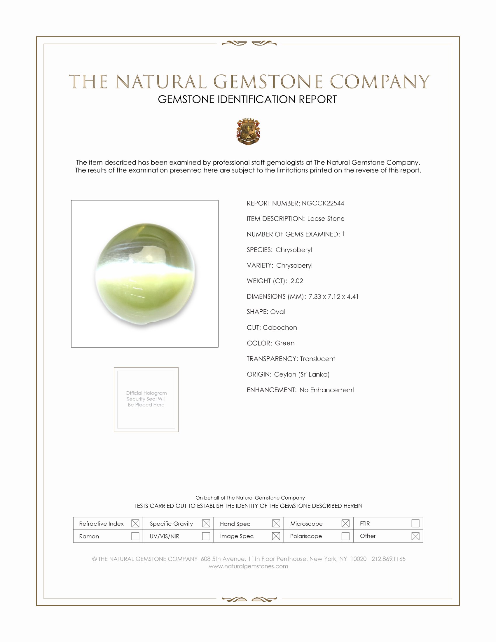 2.02 Ct. Green Cabochon Chrysoberyl from Ceylon (Sri Lanka)