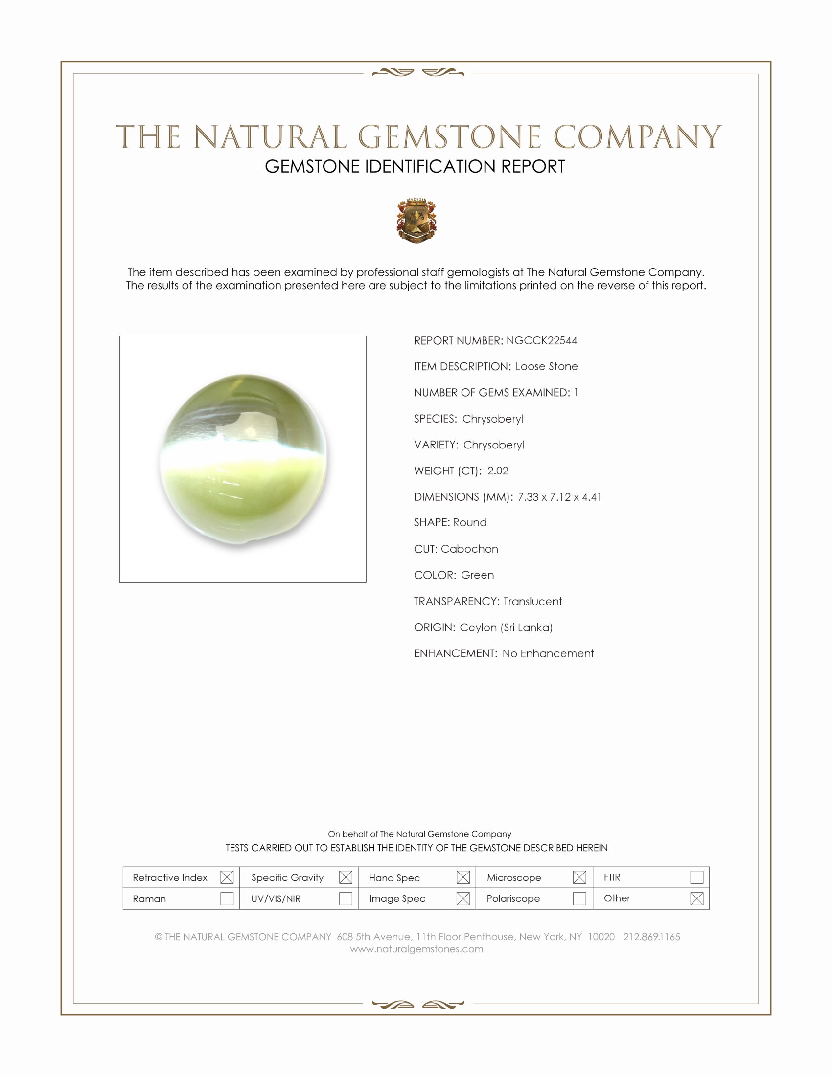 2.02 Ct. Green Cabochon Chrysoberyl from Ceylon (Sri Lanka)