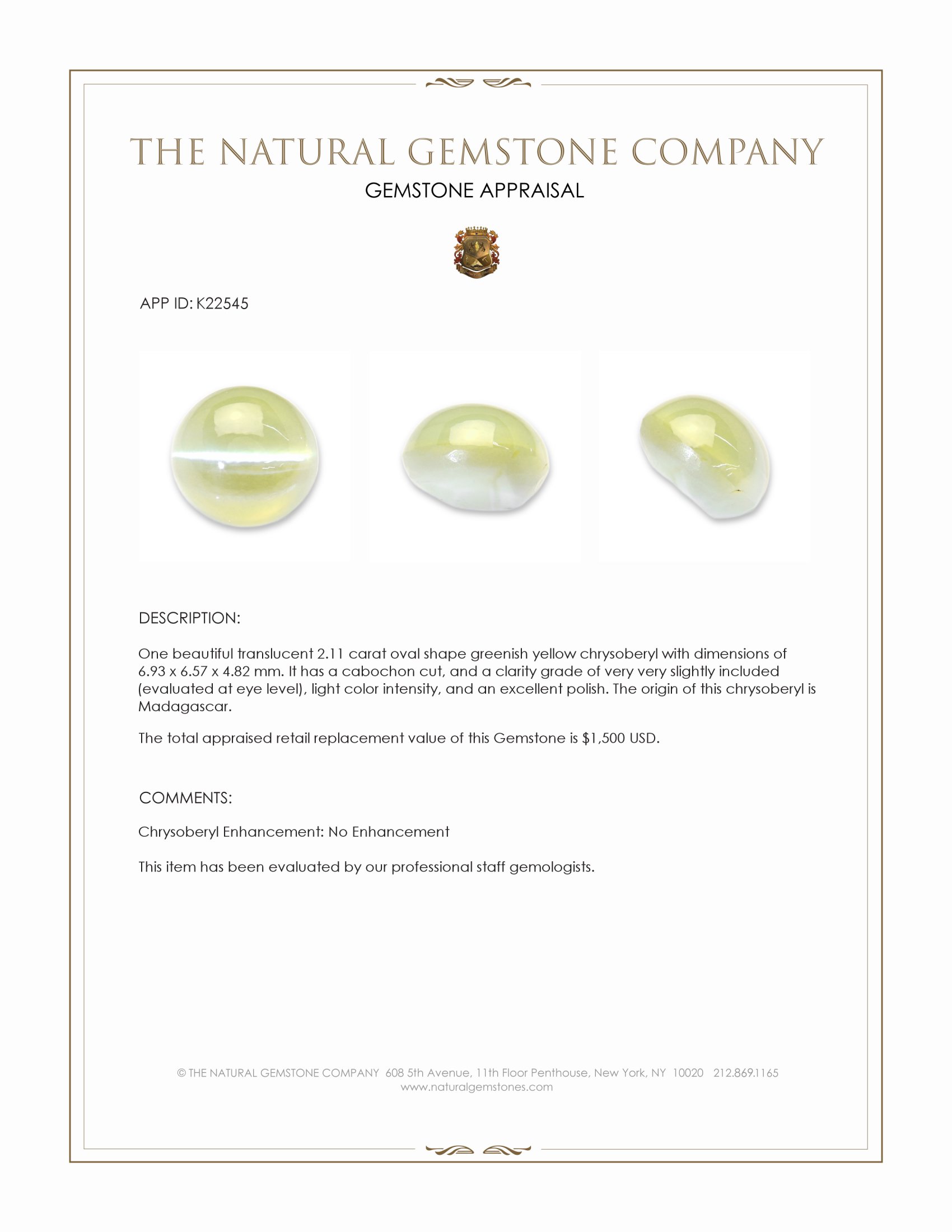 2.11 Ct. Greenish Yellow Cabochon Chrysoberyl from Madagascar