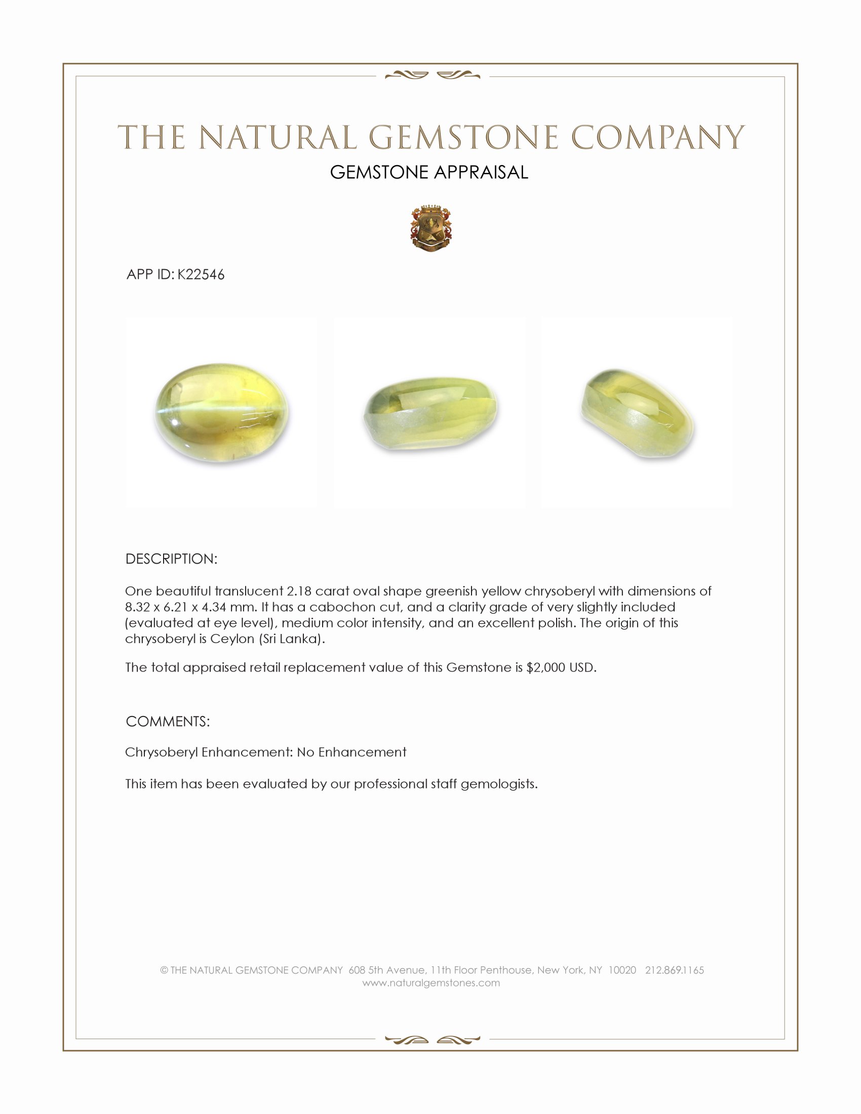 2.18 Ct. Greenish Yellow Cabochon Chrysoberyl from Ceylon (Sri Lanka)