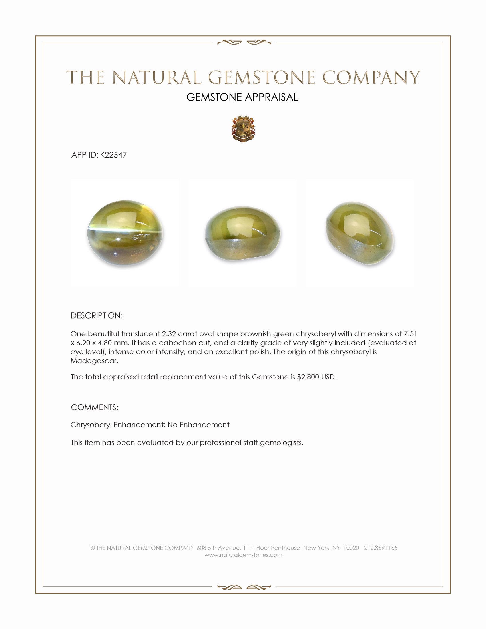2.32 Ct. Brownish Green Cabochon Chrysoberyl from Madagascar