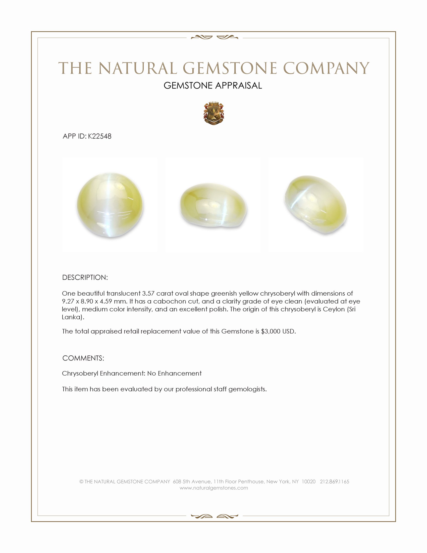 3.57 Ct. Greenish Yellow Cabochon Chrysoberyl from Ceylon (Sri Lanka)