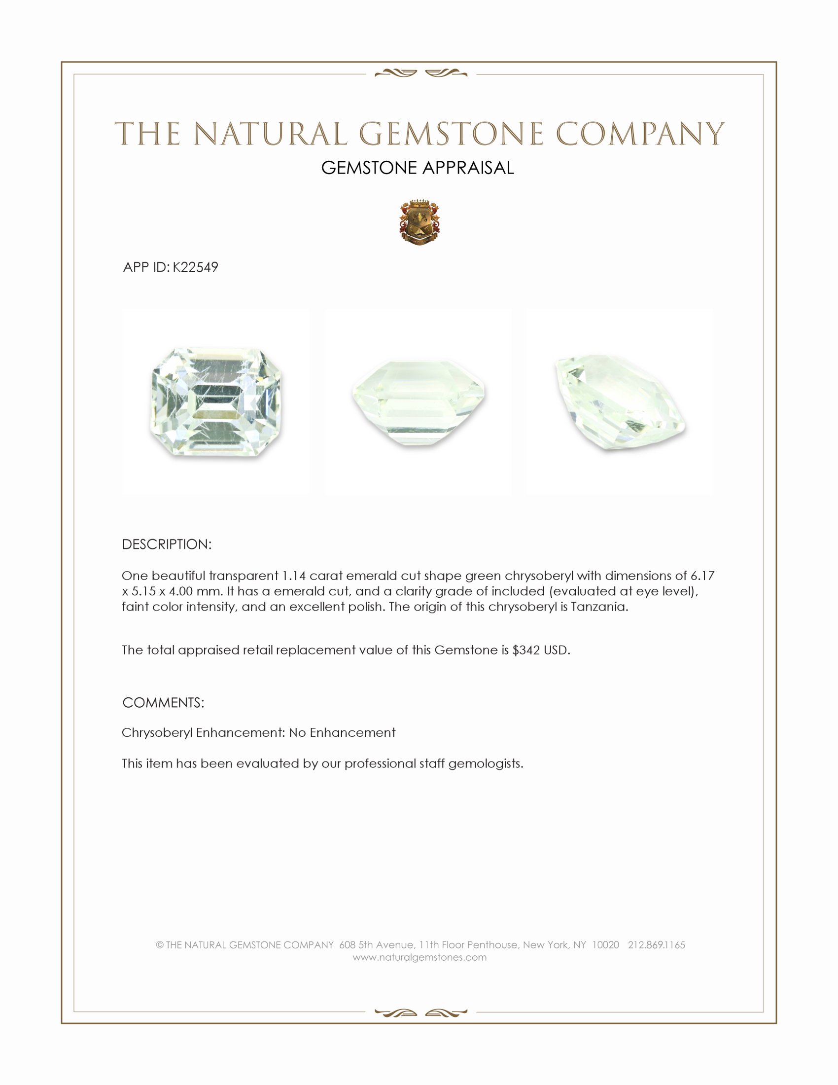 1.14 Ct. Green Chrysoberyl from Tanzania
