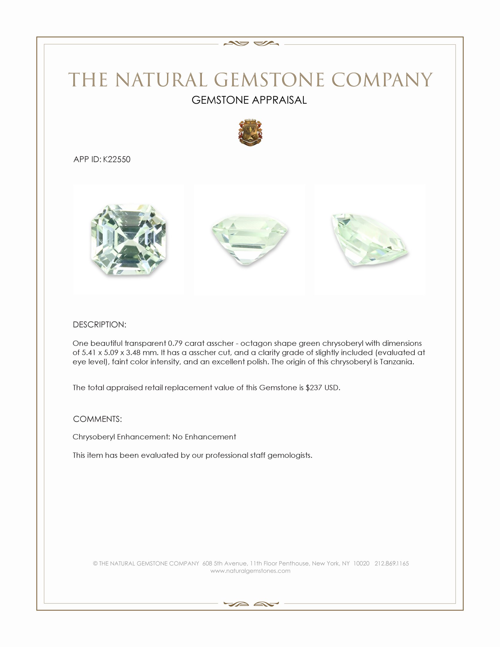 0.79 Ct. Green Chrysoberyl from Tanzania