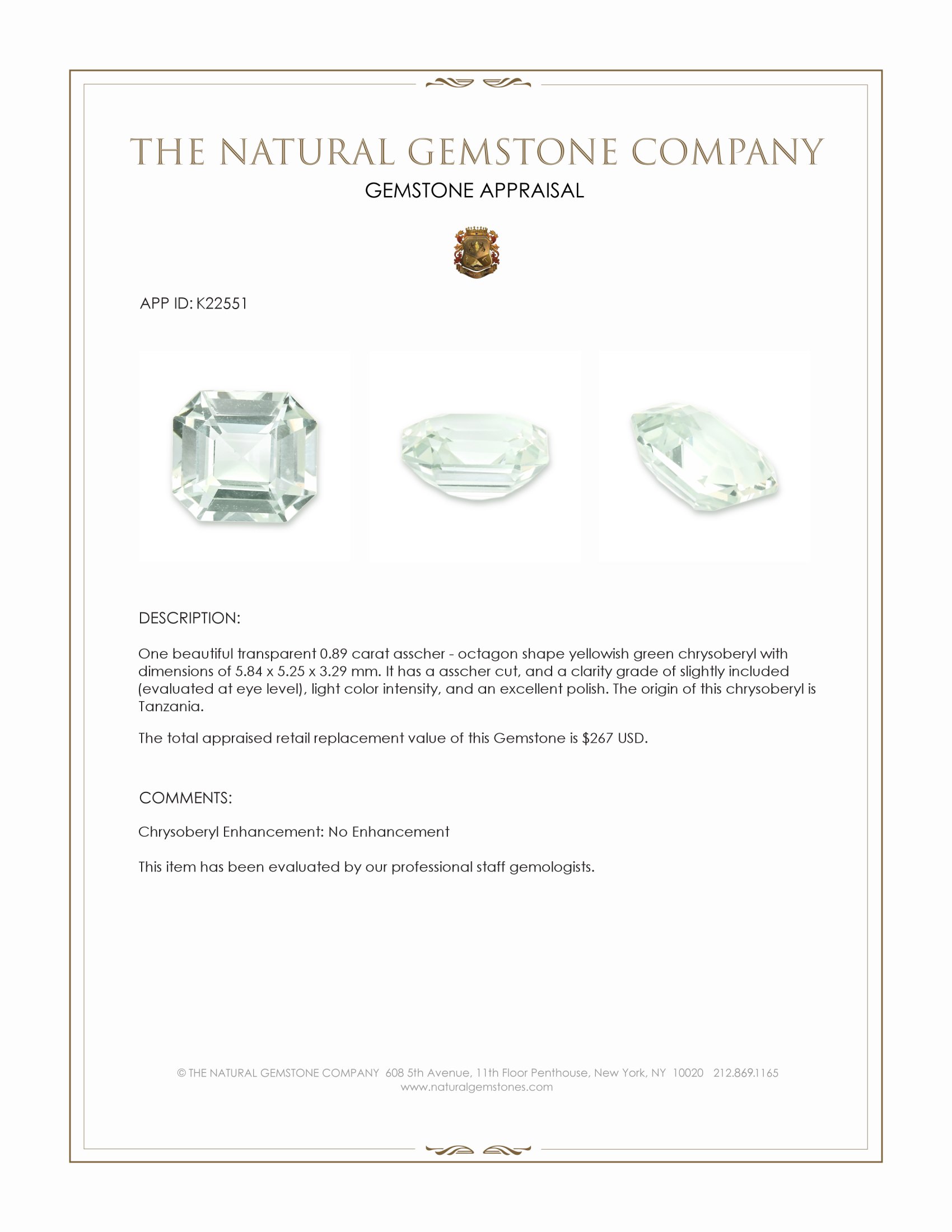 0.89 Ct. Yellowish Green Chrysoberyl from Tanzania