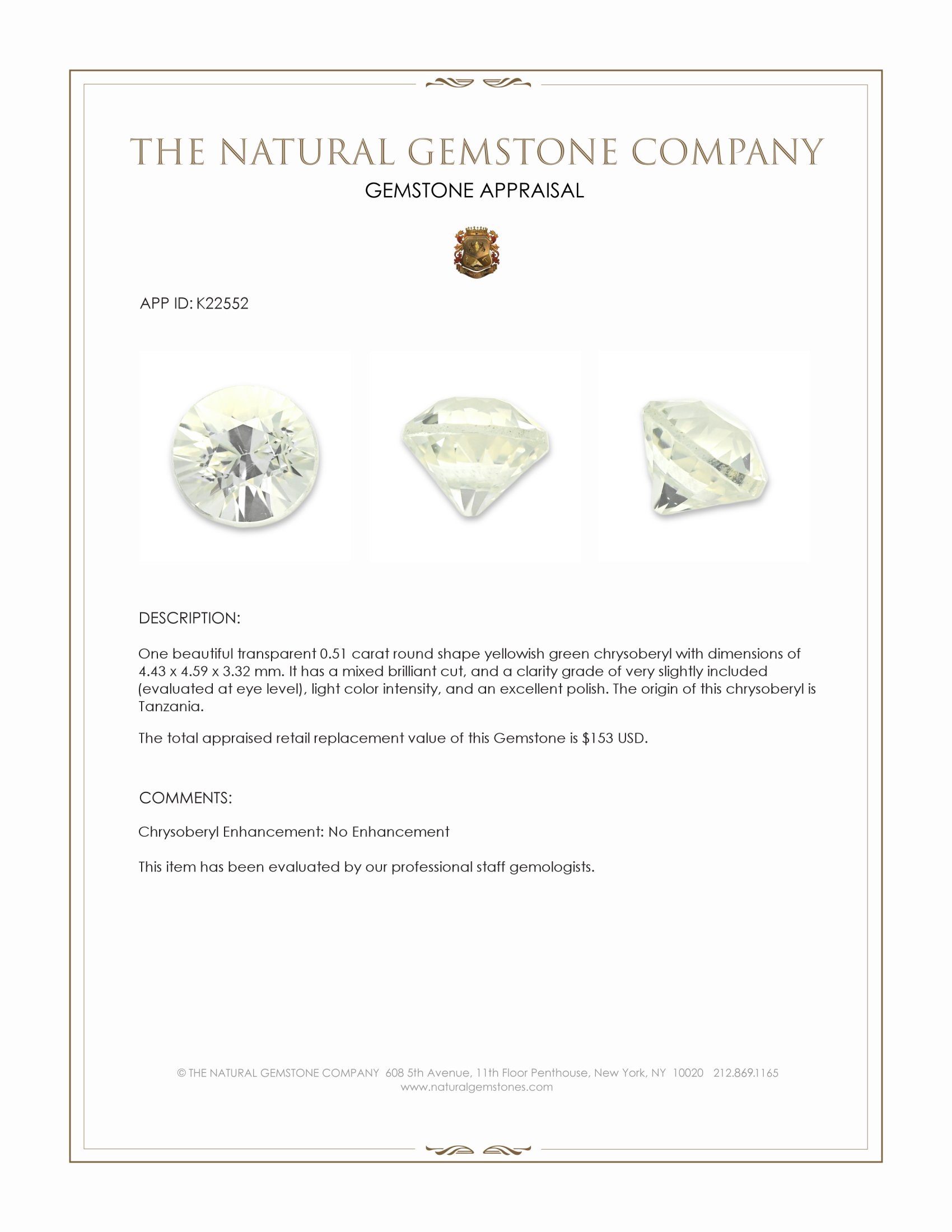 0.51 Ct. Yellowish Green Chrysoberyl from Tanzania