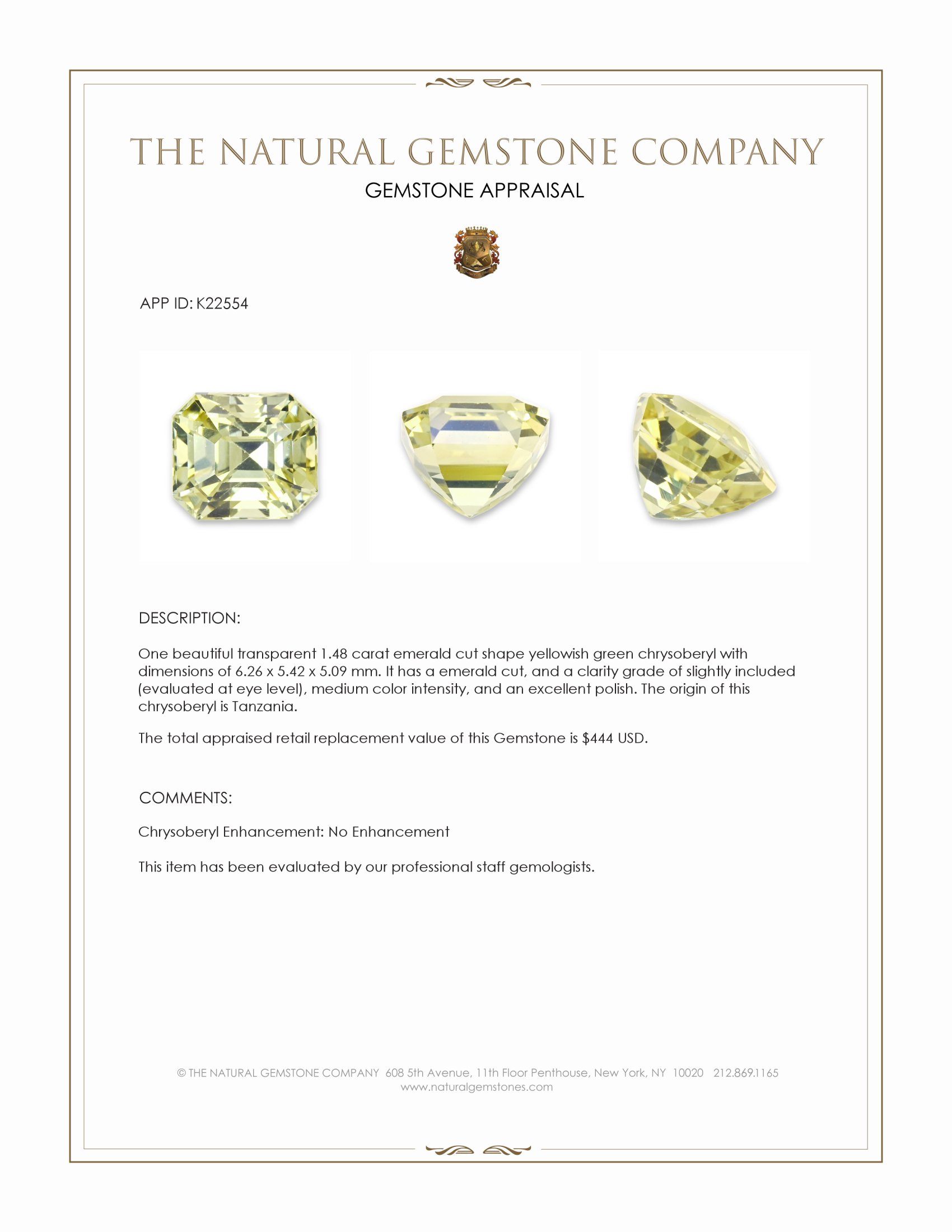 1.48 Ct. Yellowish Green Chrysoberyl from Tanzania