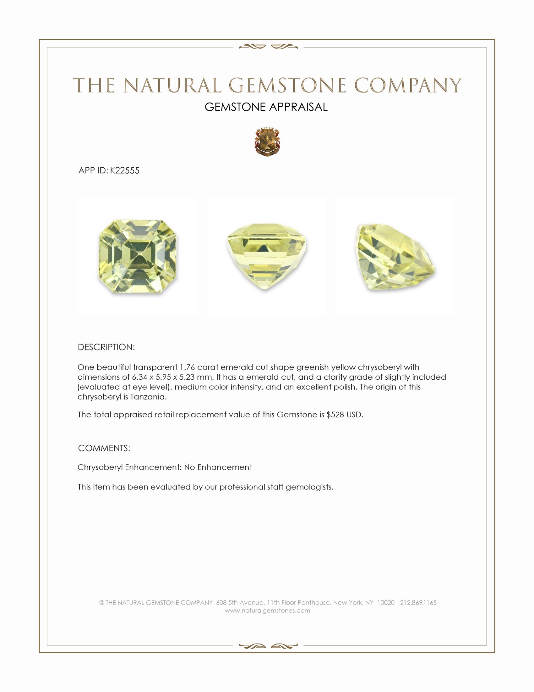 1.76 Ct. Greenish Yellow Chrysoberyl from Tanzania