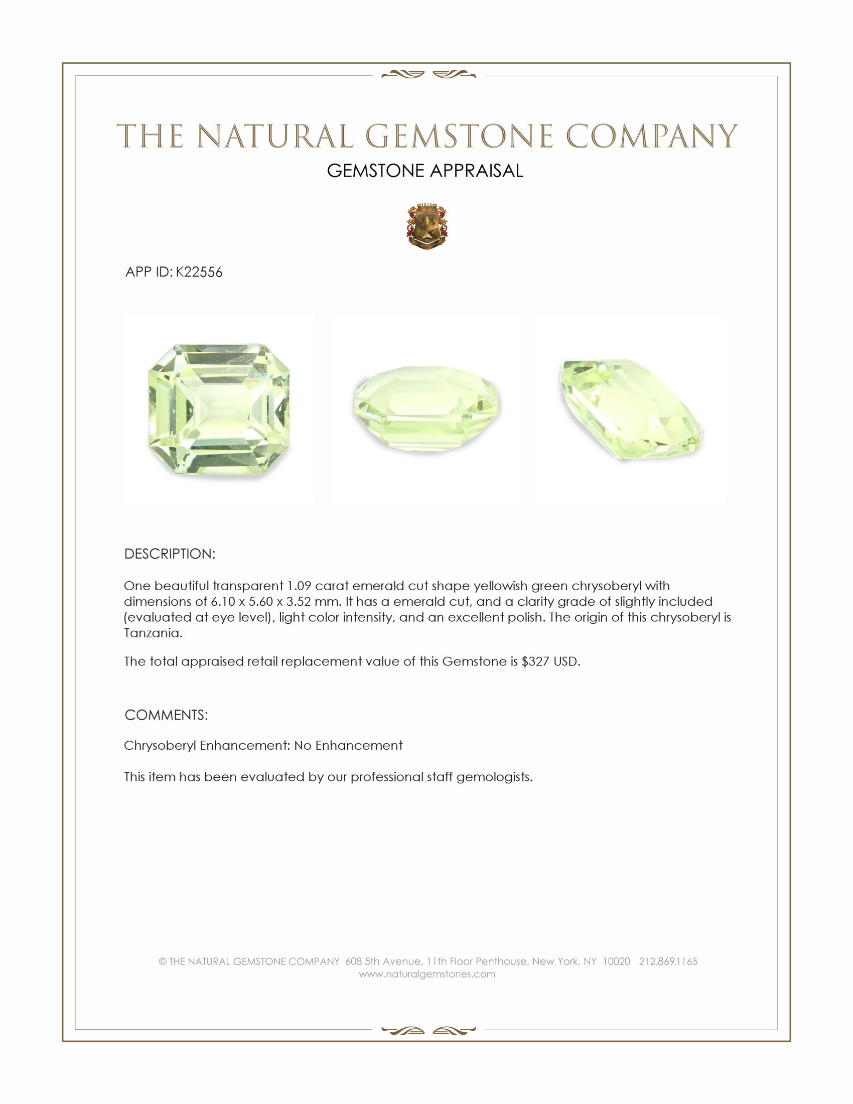 1.09 Ct. Yellowish Green Chrysoberyl from Tanzania