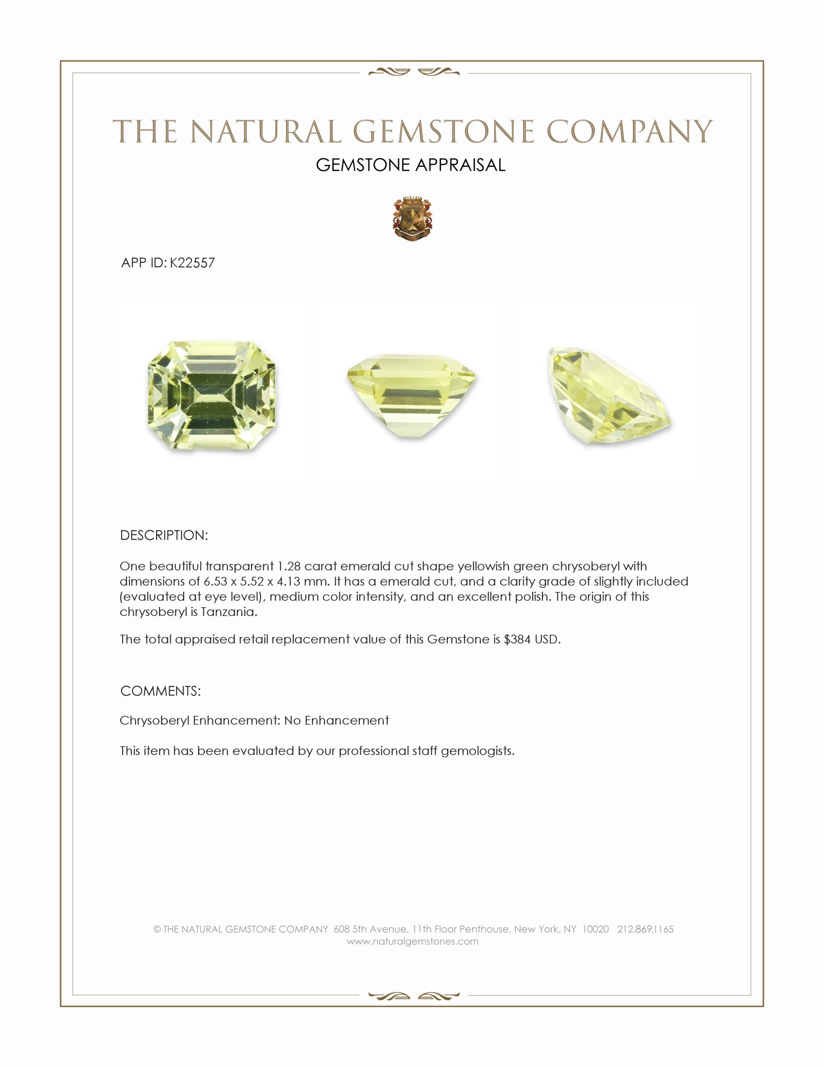 1.28 Ct. Yellowish Green Chrysoberyl from Tanzania