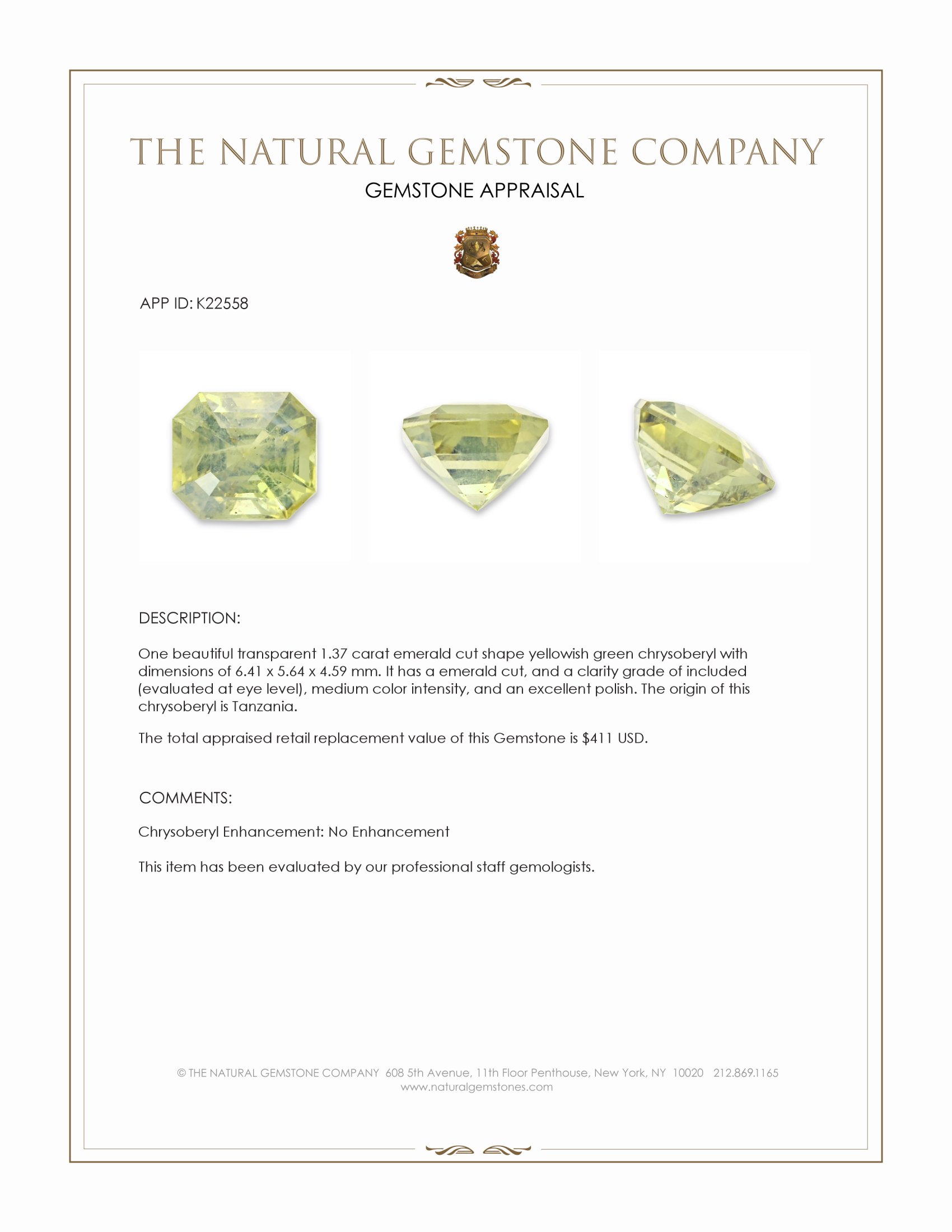 1.37 Ct. Yellowish Green Chrysoberyl from Tanzania