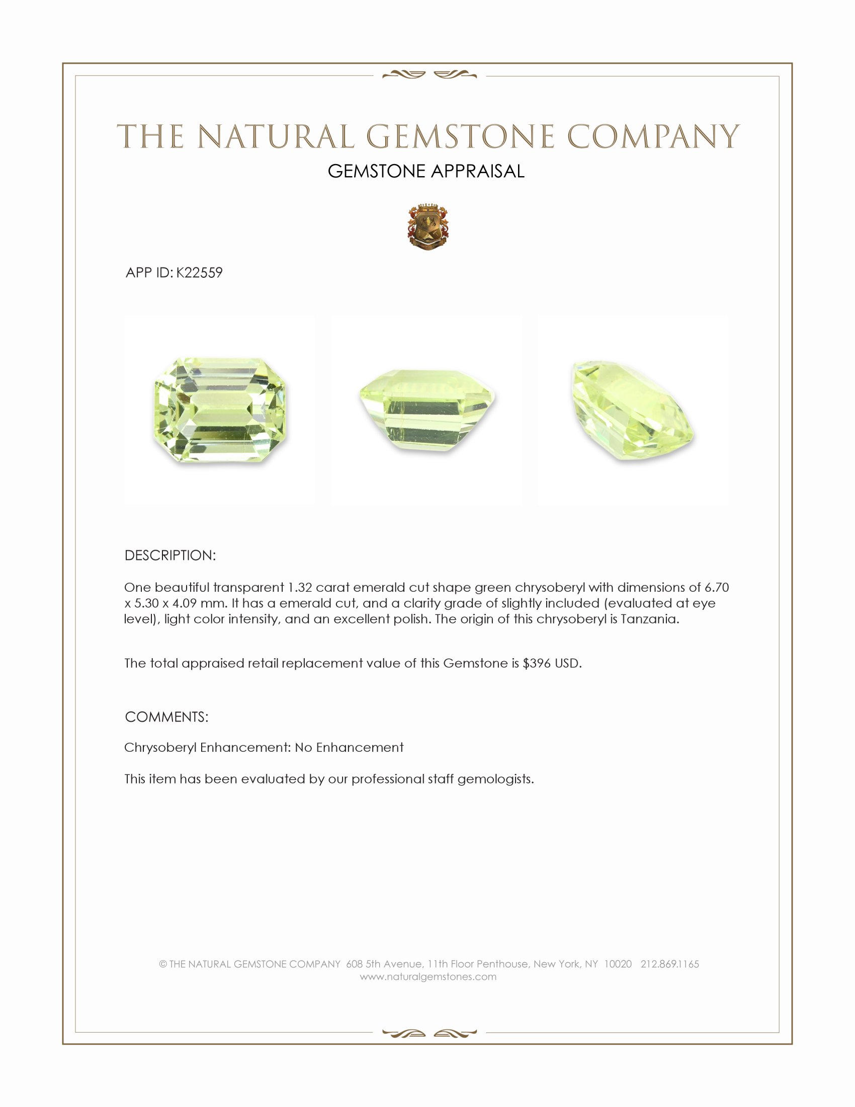 1.32 Ct. Green Chrysoberyl from Tanzania