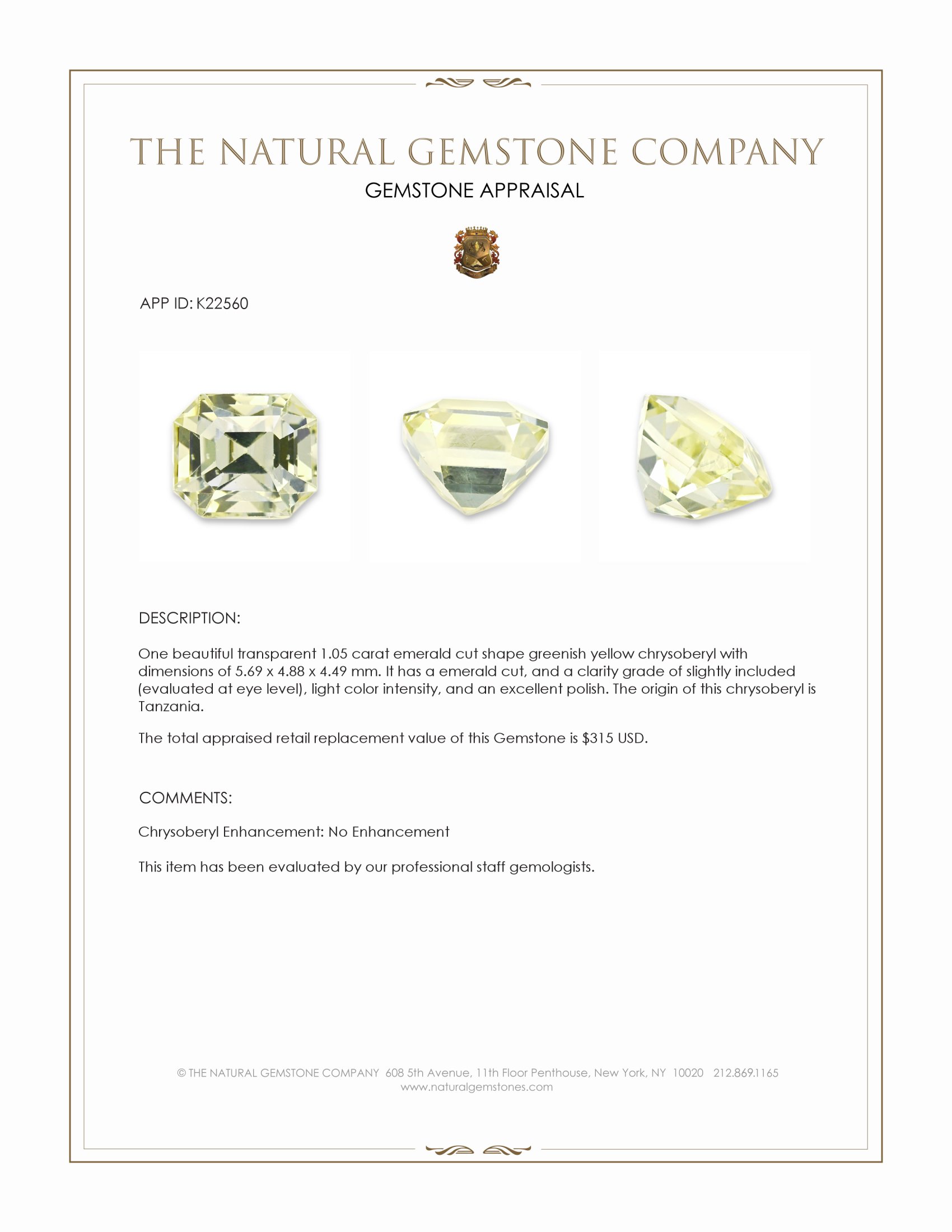 1.05 Ct. Greenish Yellow Chrysoberyl from Tanzania