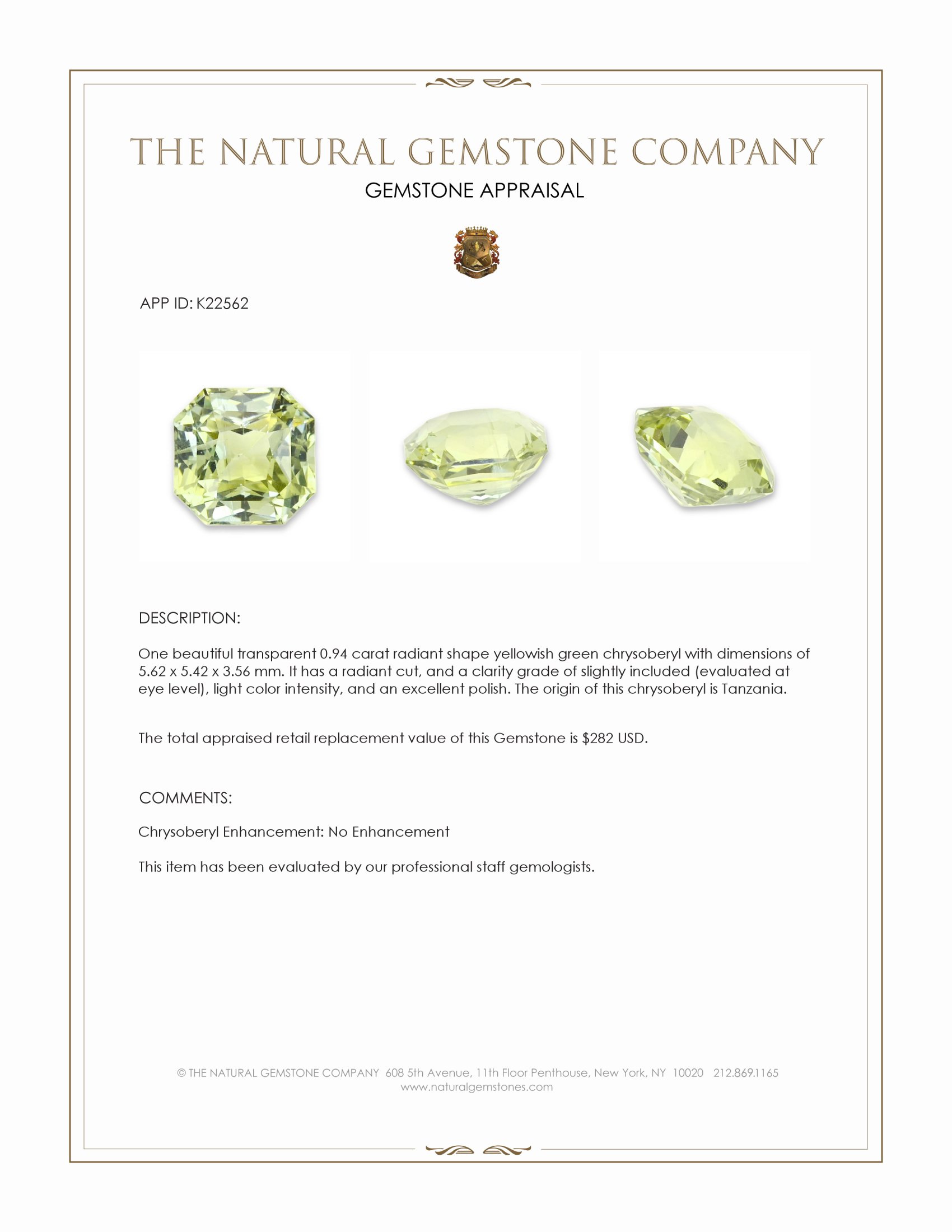 0.94 Ct. Yellowish Green Chrysoberyl from Tanzania