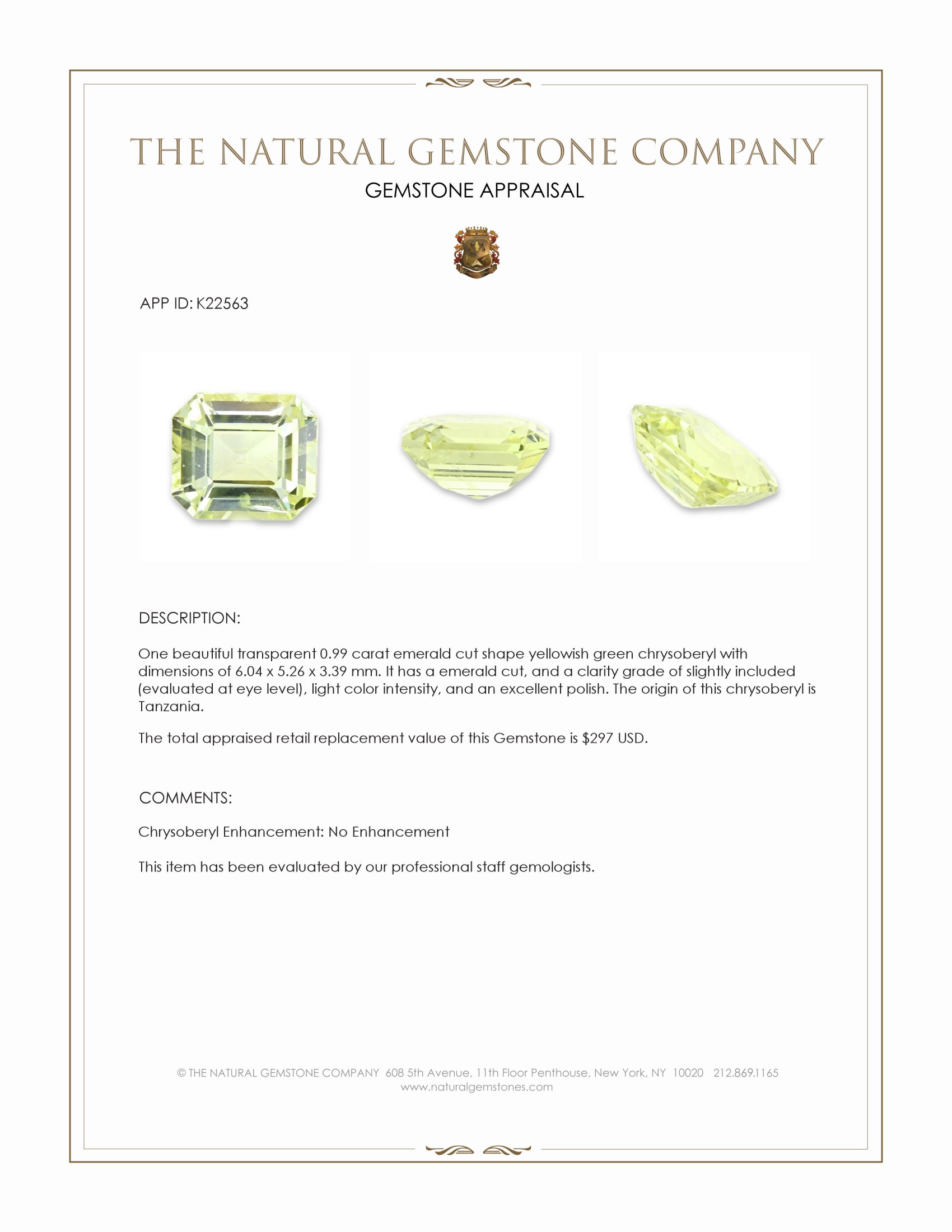 0.99 Ct. Yellowish Green Chrysoberyl from Tanzania