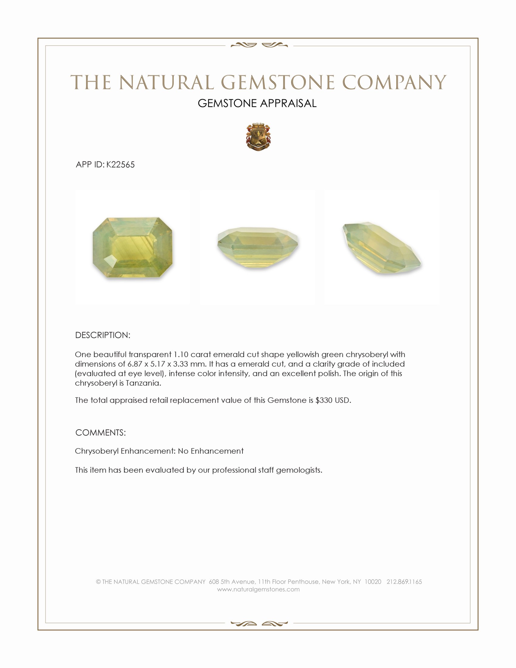 1.10 Ct. Yellowish Green Chrysoberyl from Tanzania