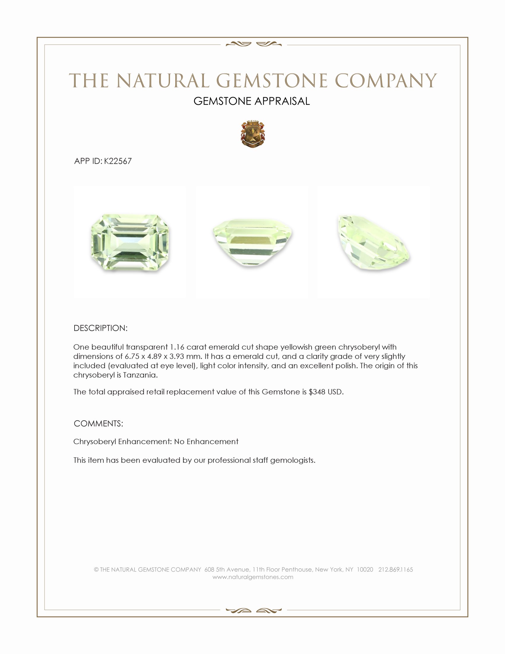 1.16 Ct. Yellowish Green Chrysoberyl from Tanzania