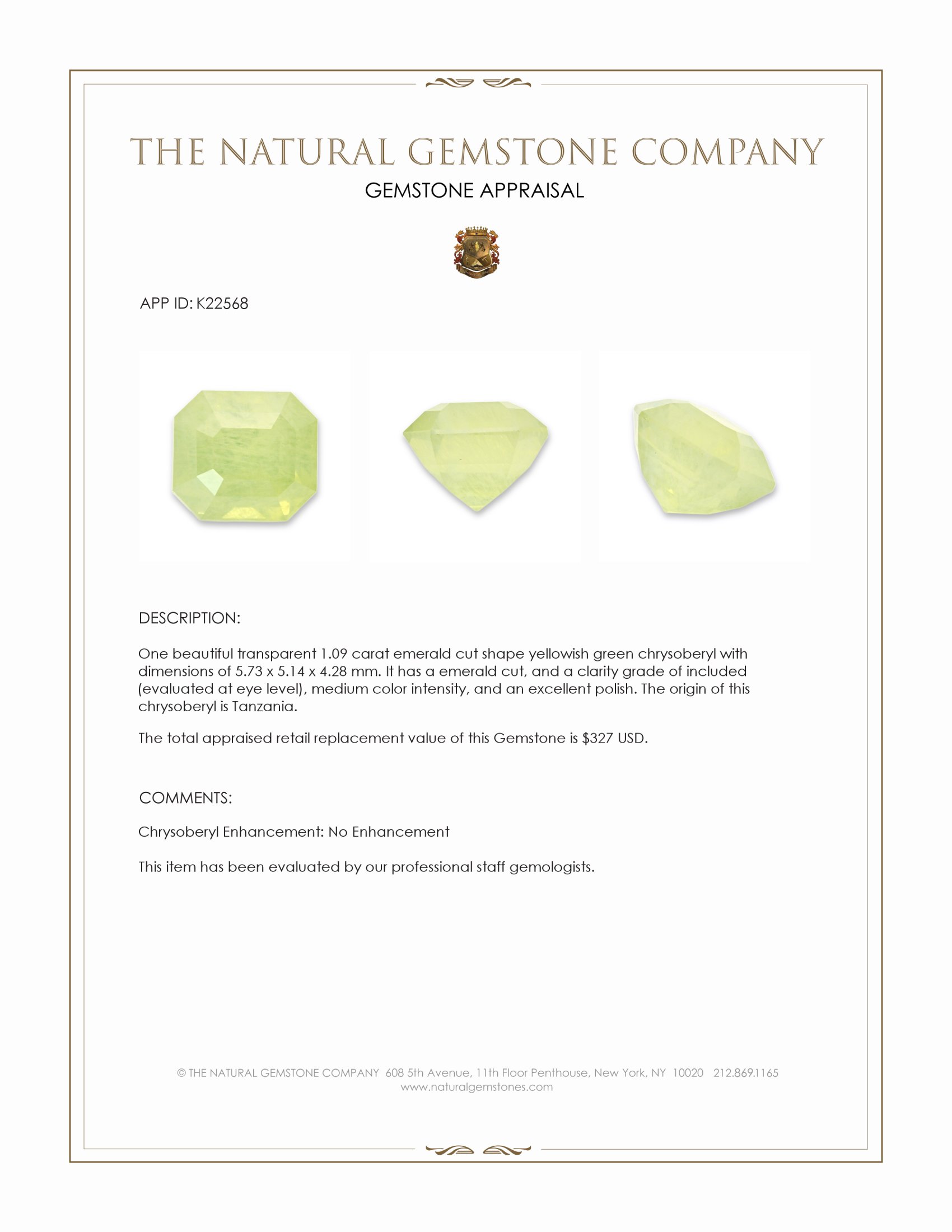 1.09 Ct. Yellowish Green Chrysoberyl from Tanzania