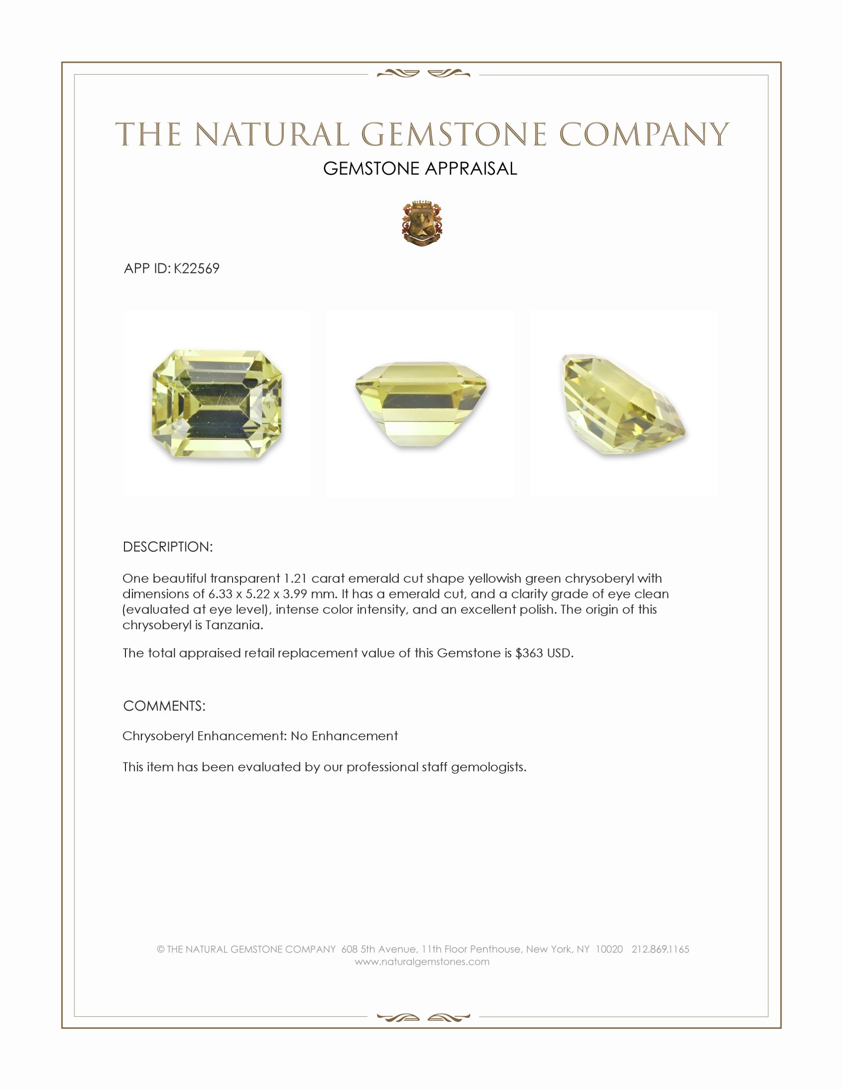 1.21 Ct. Yellowish Green Chrysoberyl from Tanzania