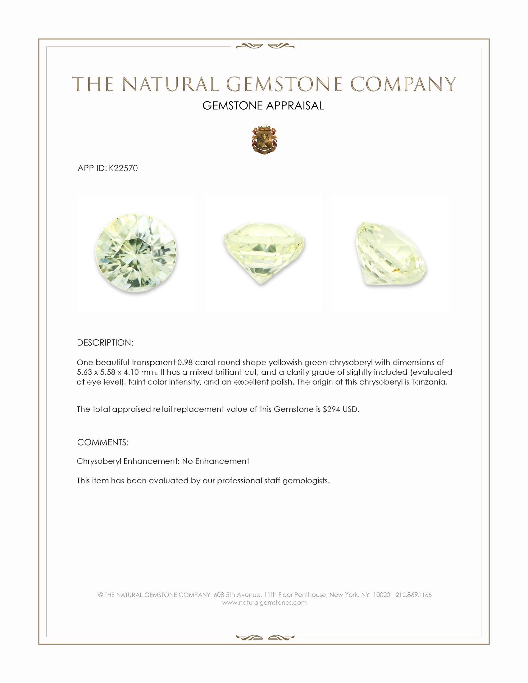 0.98 Ct. Yellowish Green Chrysoberyl from Tanzania