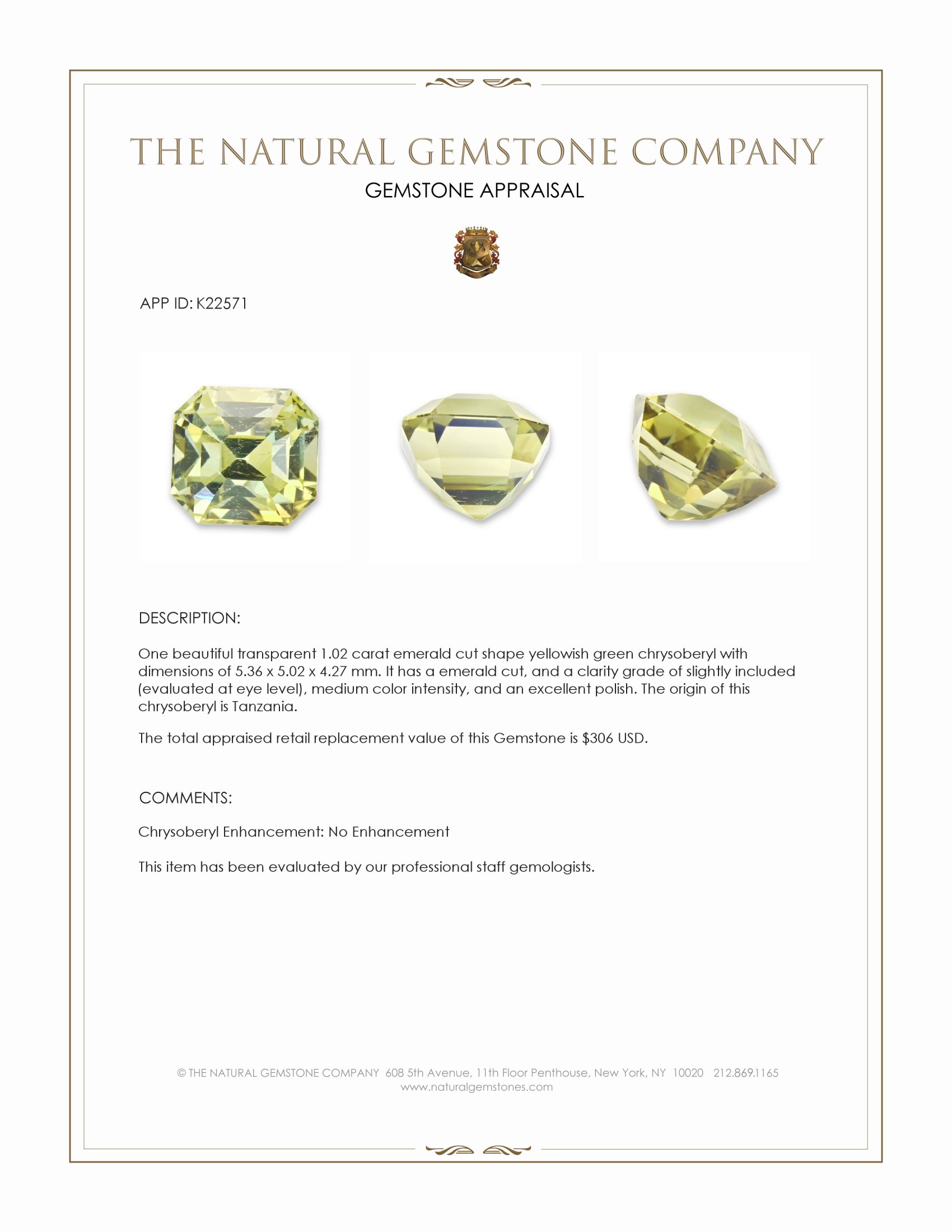 1.02 Ct. Yellowish Green Chrysoberyl from Tanzania