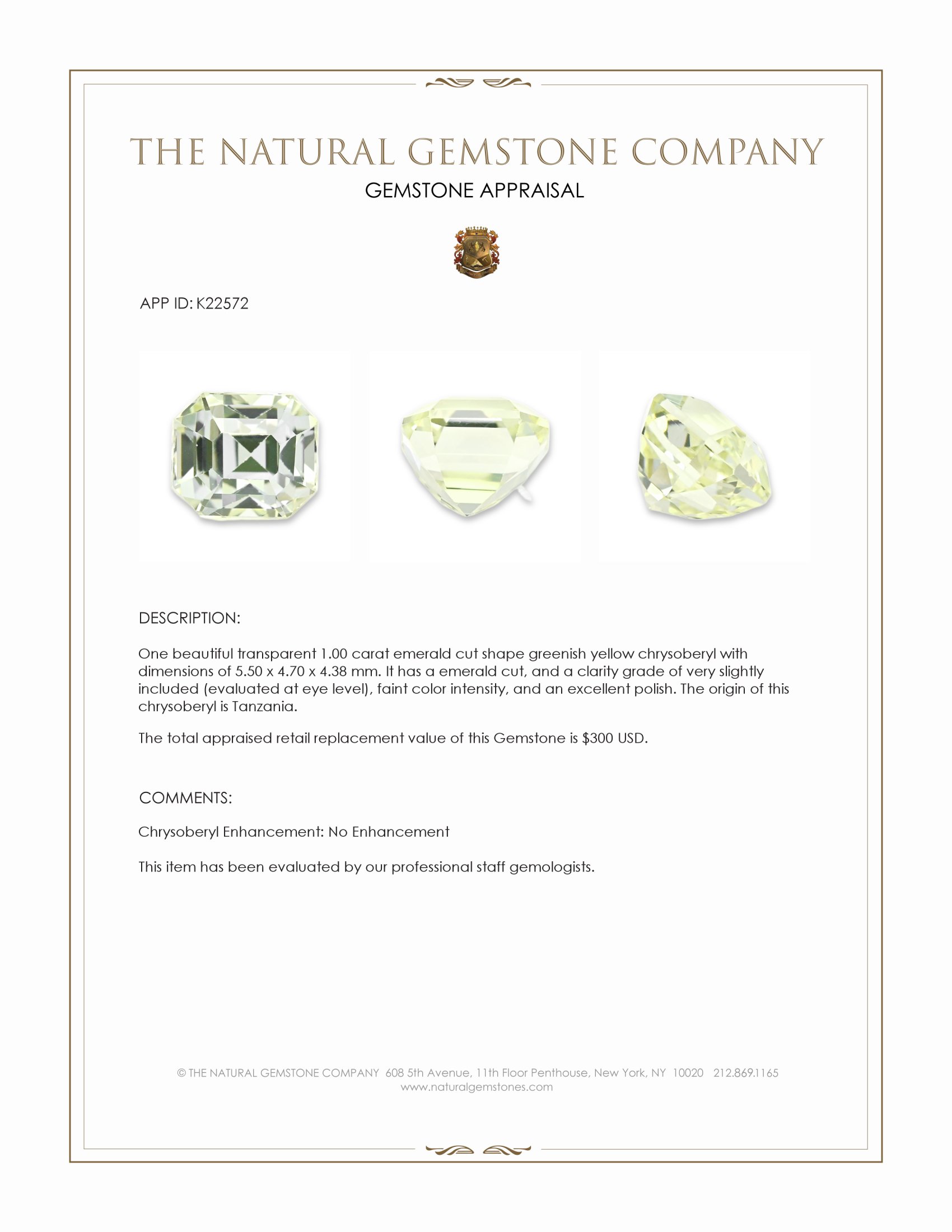 1.00 Ct. Greenish Yellow Chrysoberyl from Tanzania