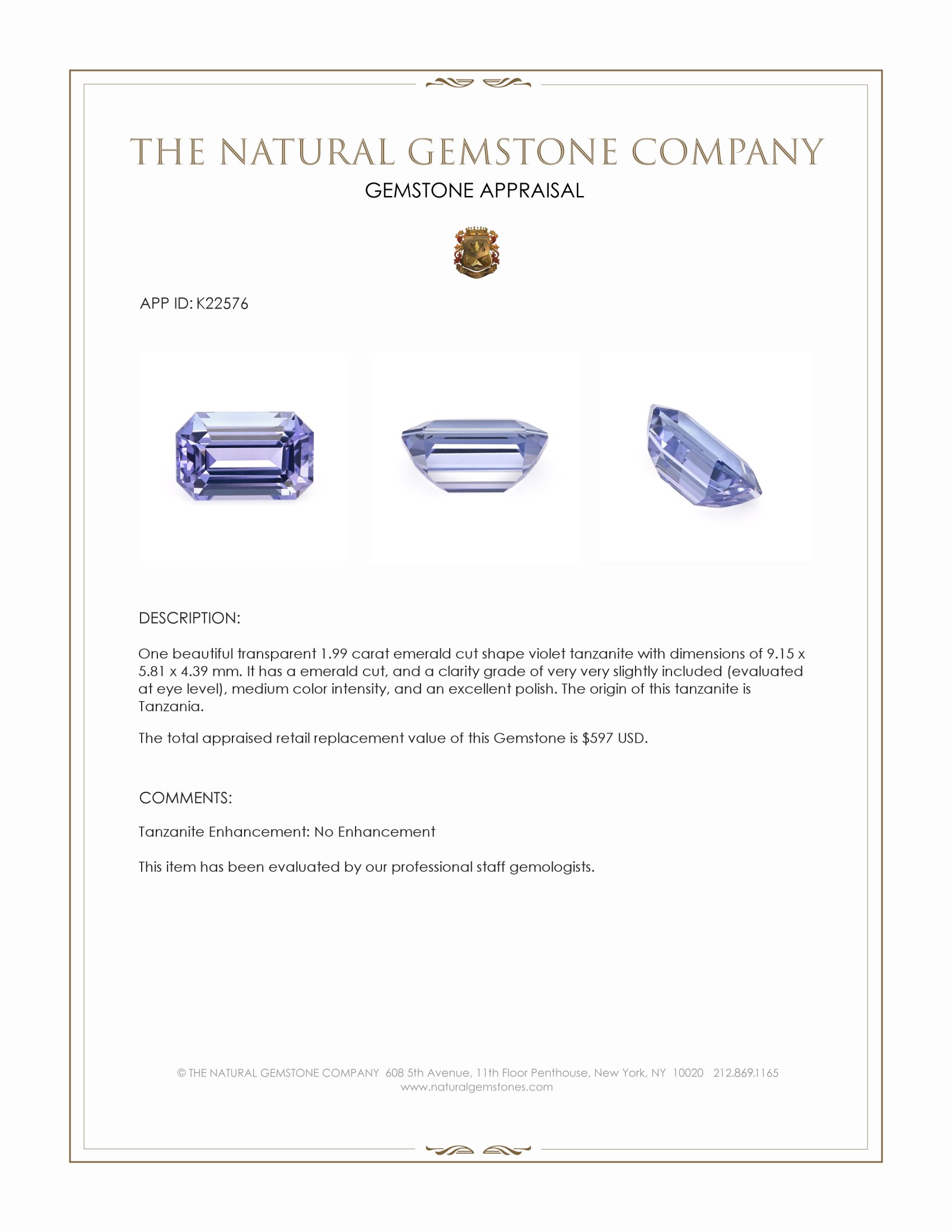 1.99 Ct. Violet Tanzanite from Tanzania